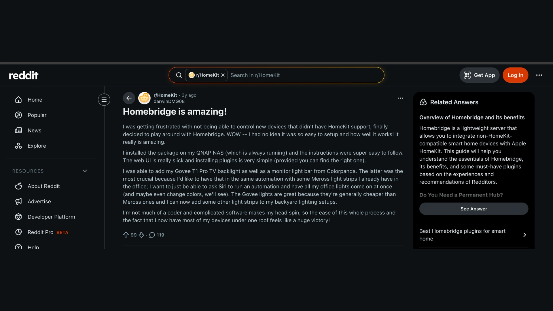 Reddit post in r HomeKit titled Homebridge is amazing discussing setup experience