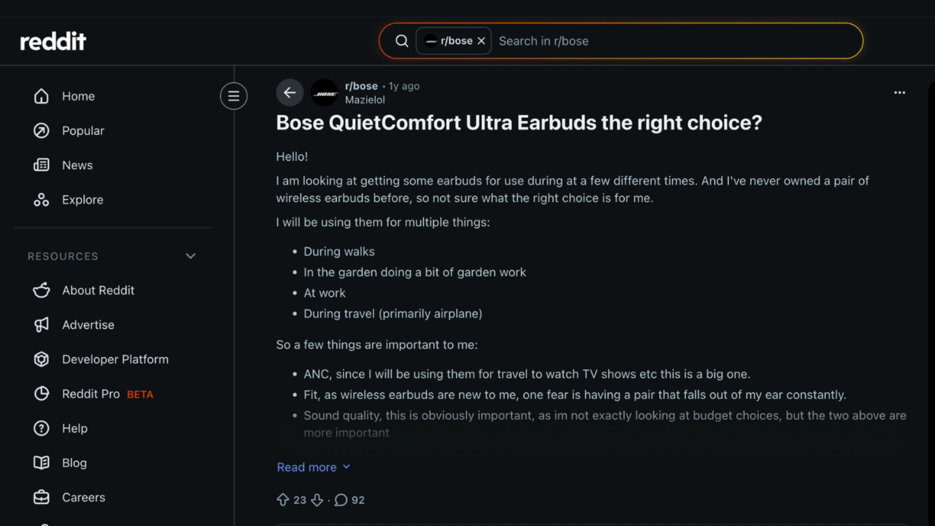 Reddit thread asking if Bose QuietComfort Ultra Earbuds are the right choice