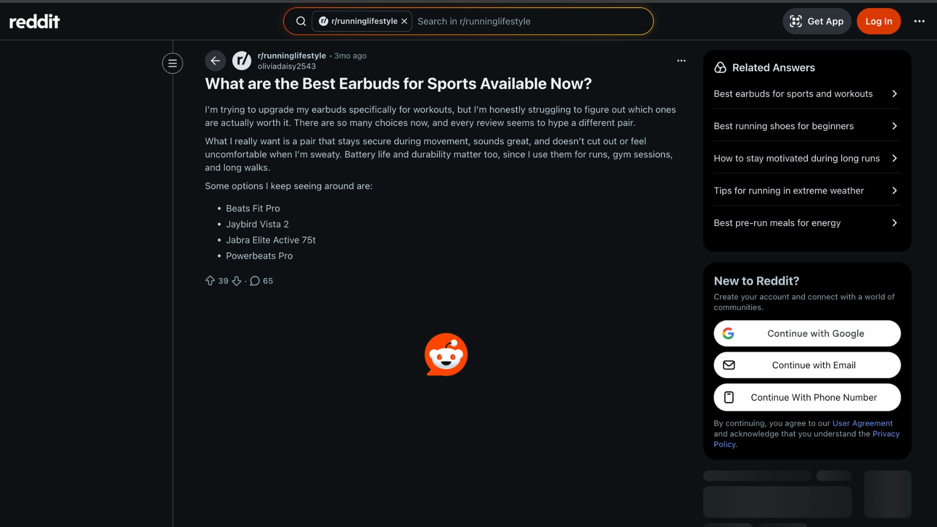 Reddit thread discussing best earbuds for sports including Beats and Jabra options