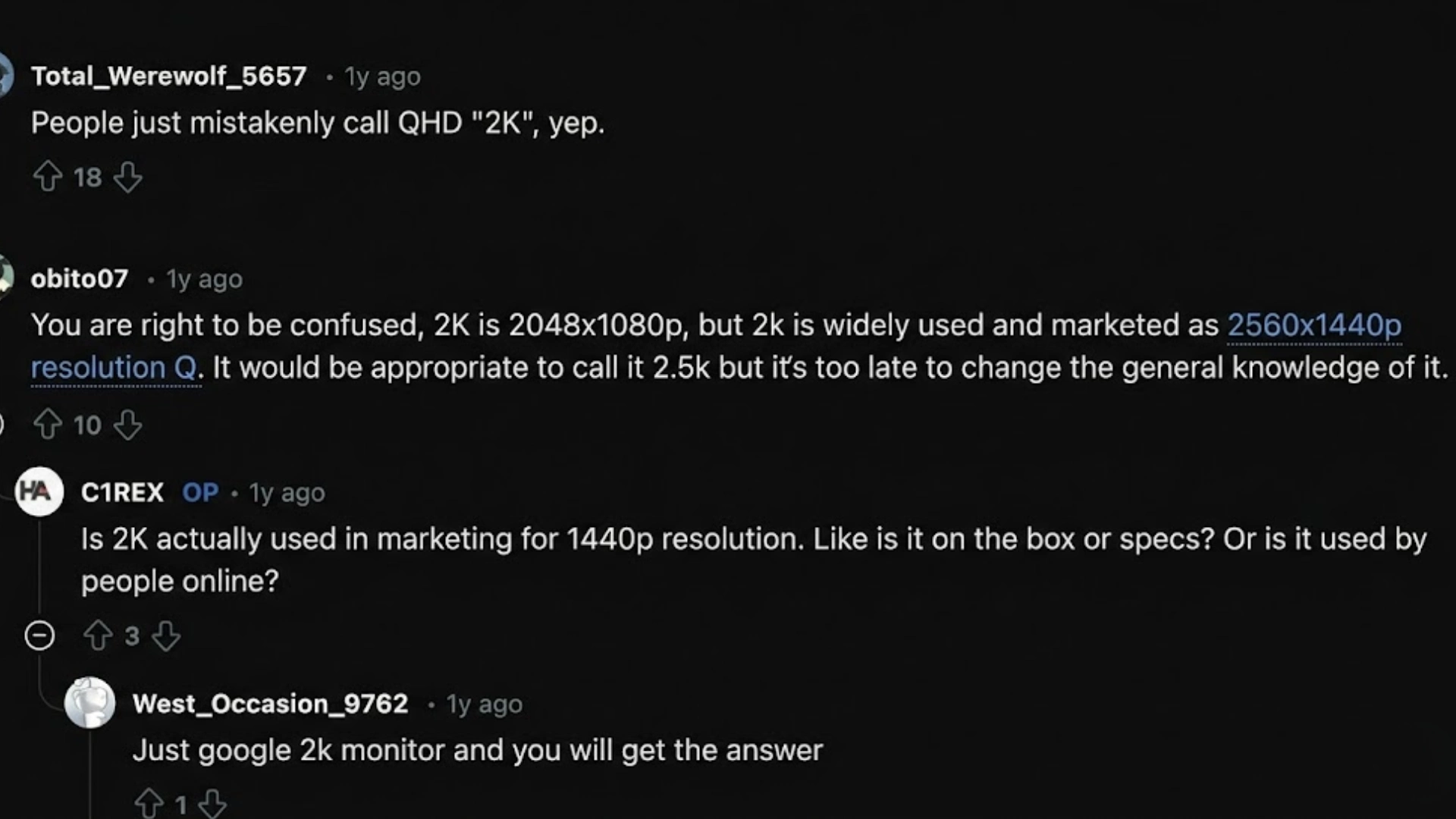 Reddit thread discussing confusion between true 2K, 2048x1080 and 1440p marketed as 2K monitor resolution