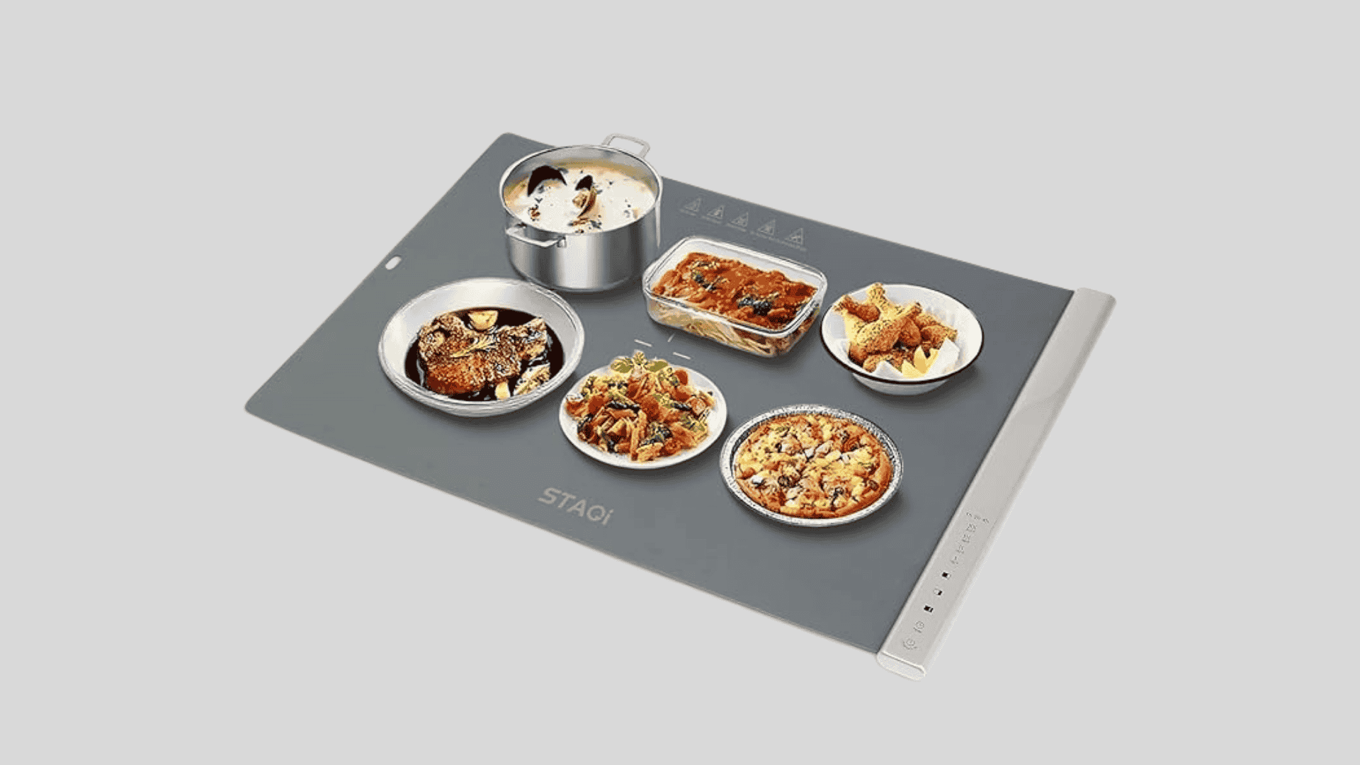 STAGI electric warming tray with large heated surface and adjustable temperature control for keeping meals warm longer