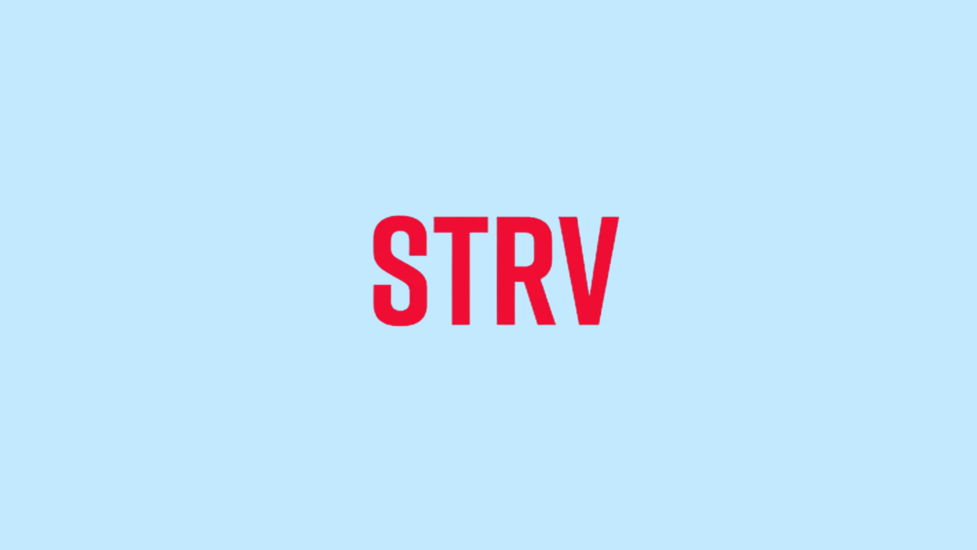 STRV company logo with bold red STRV wordmark centered on a light blue background