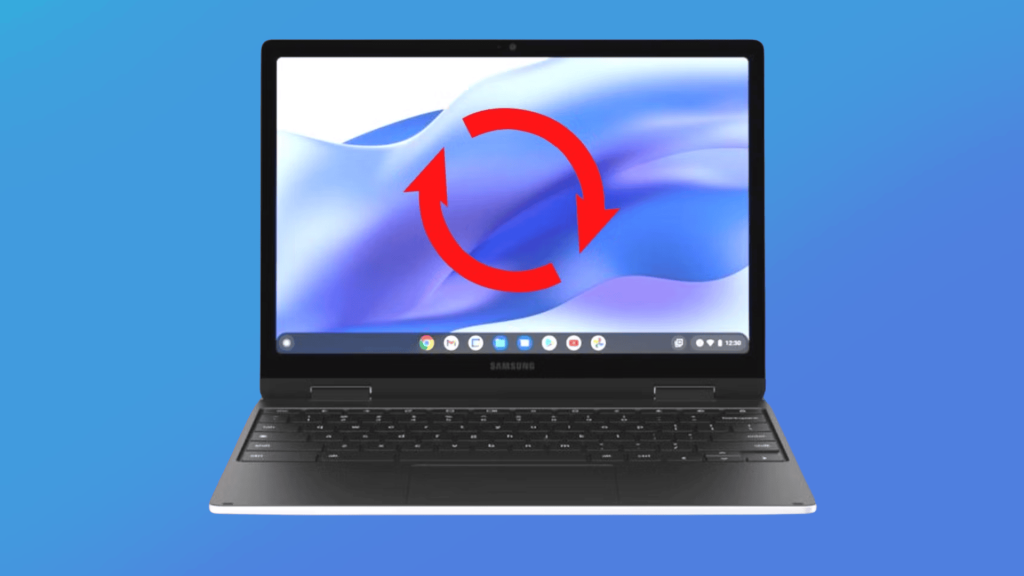 Samsung Chromebook on a blue background with a large red refresh icon on the screen.