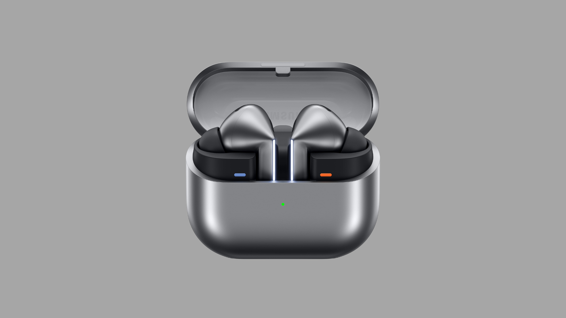 Samsung galaxy buds 3 pro wireless earbuds in open charging case showing metallic design with adaptive noise cancel earbuds