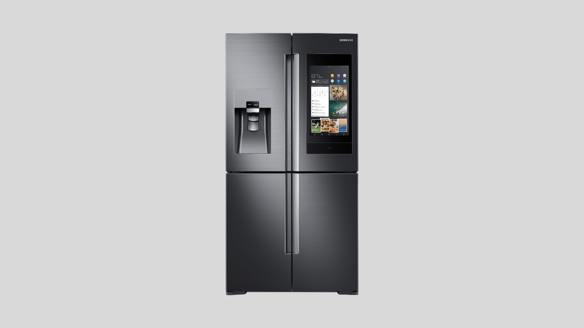 Samsung smart French door refrigerator with touchscreen display, water dispenser, and stainless steel finish