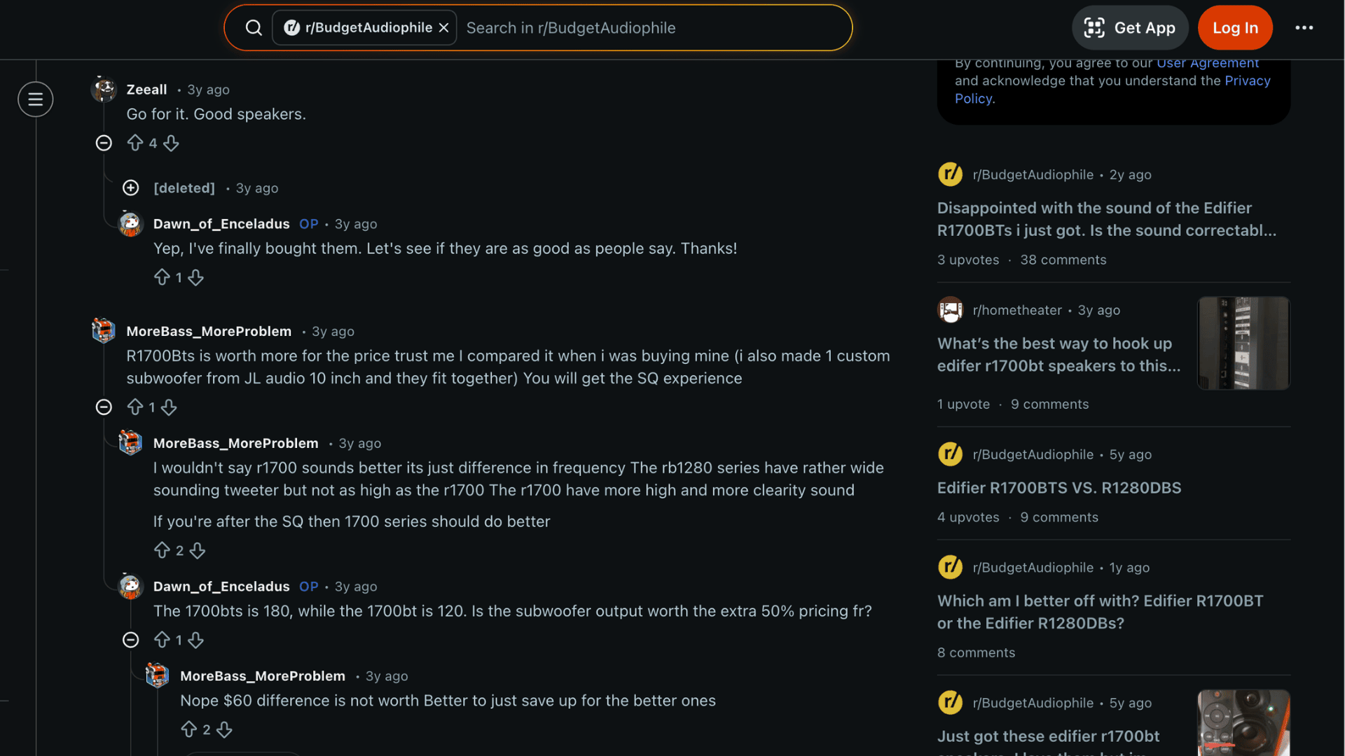 Screenshot of Reddit discussion about Edifier R1700BT speakers with users sharing opinions on sound quality