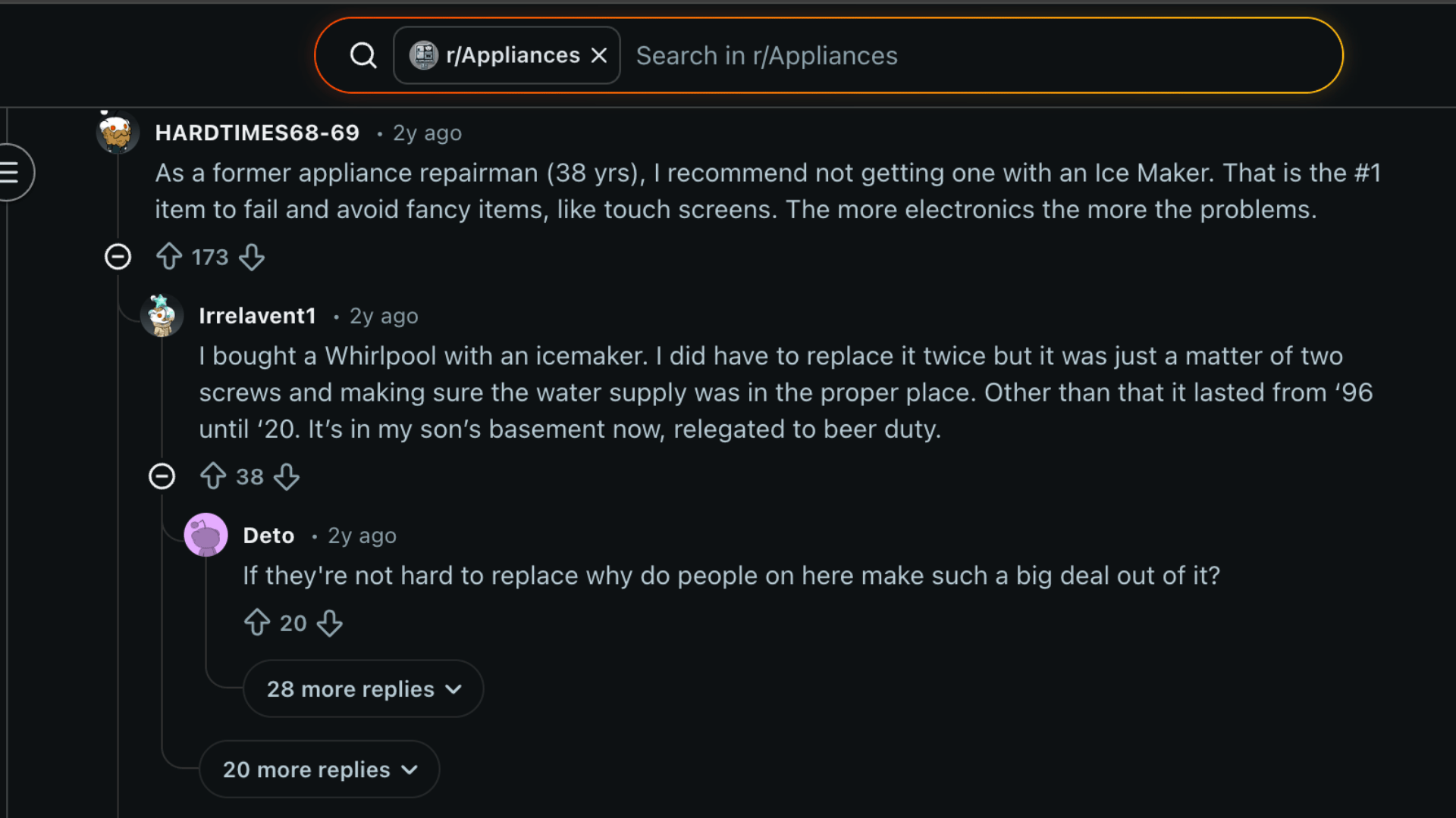 Screenshot of Reddit discussion about refrigerator brands and lifespan experiences shared by appliance repair technician