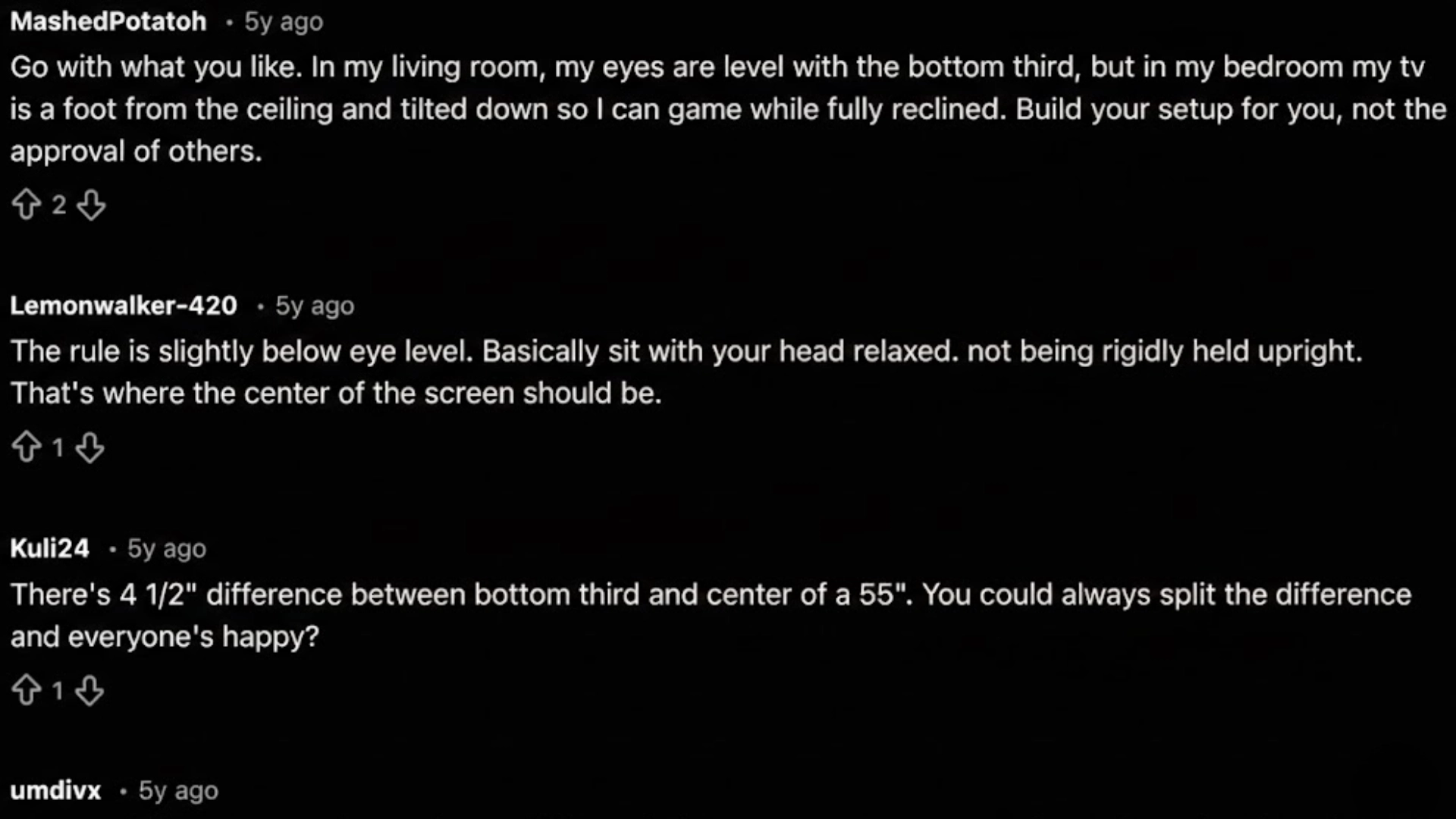 Screenshot of Reddit discussion sharing personal advice on TV mounting height for living room and bedroom setups