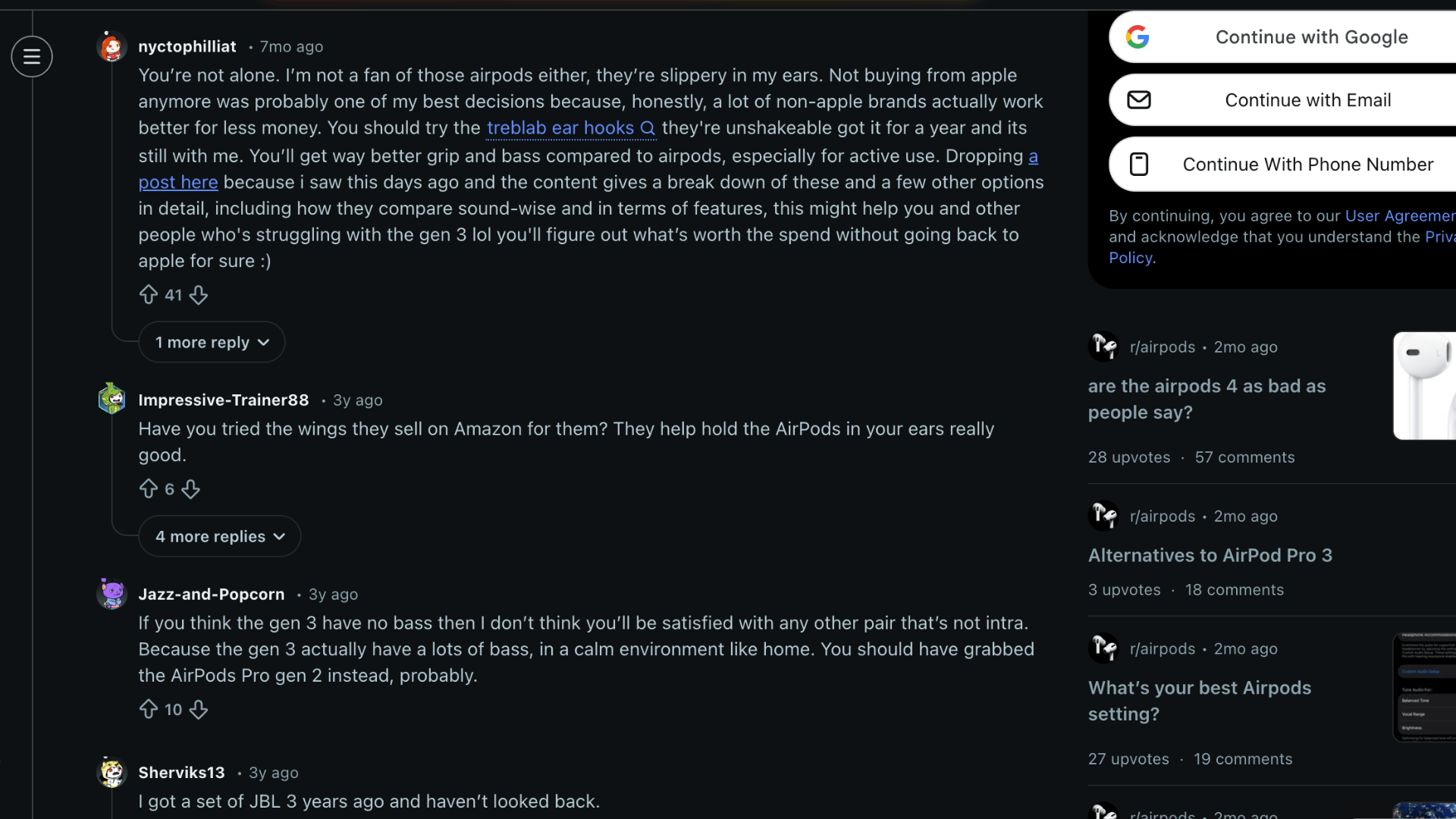 Screenshot of Reddit discussion thread about AirPods alternatives showing user comments and recommendations for wireless earbuds