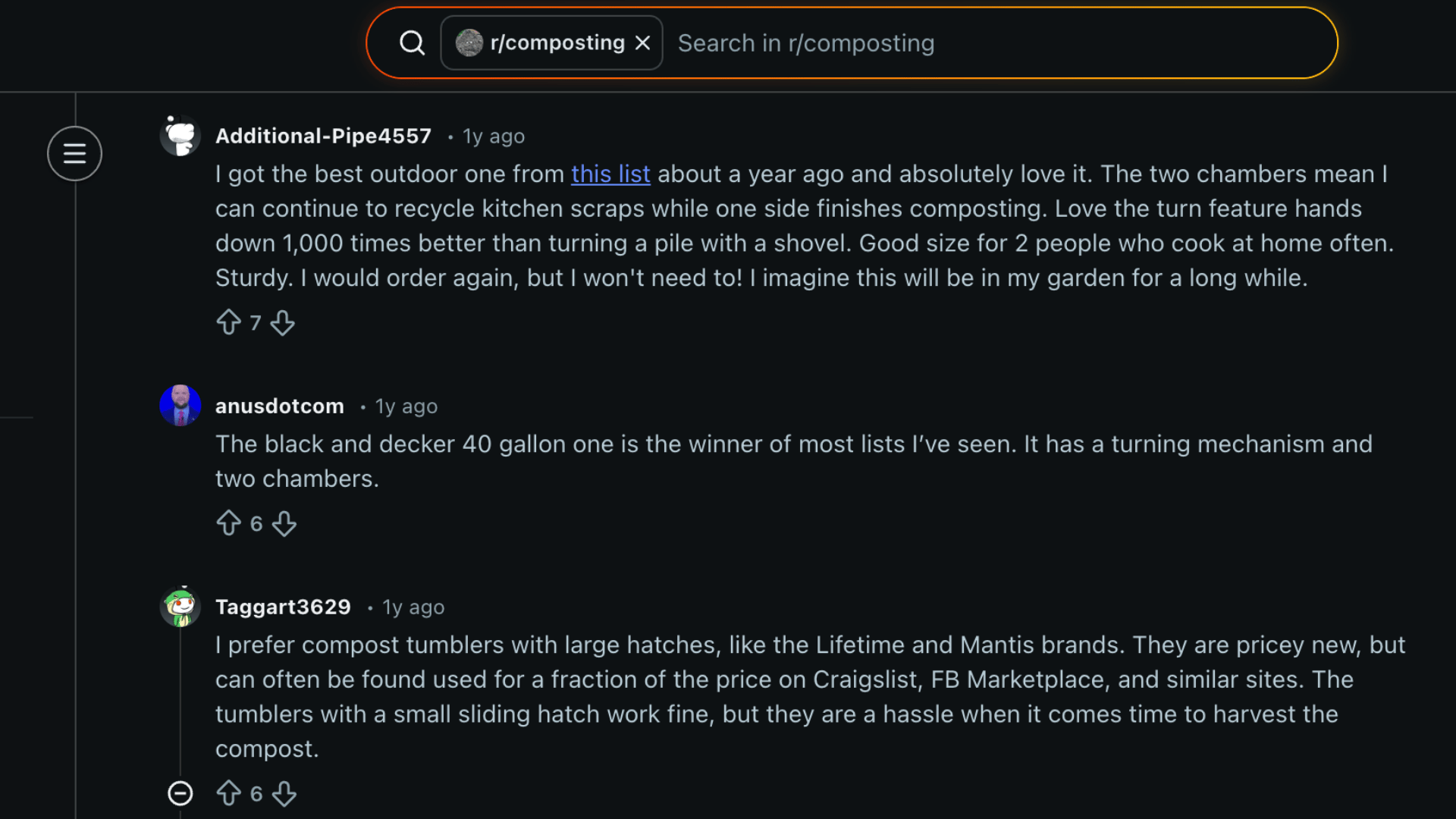 Screenshot of Reddit thread discussing best compost bins with user reviews, recommendations, and compost tumbler suggestions
