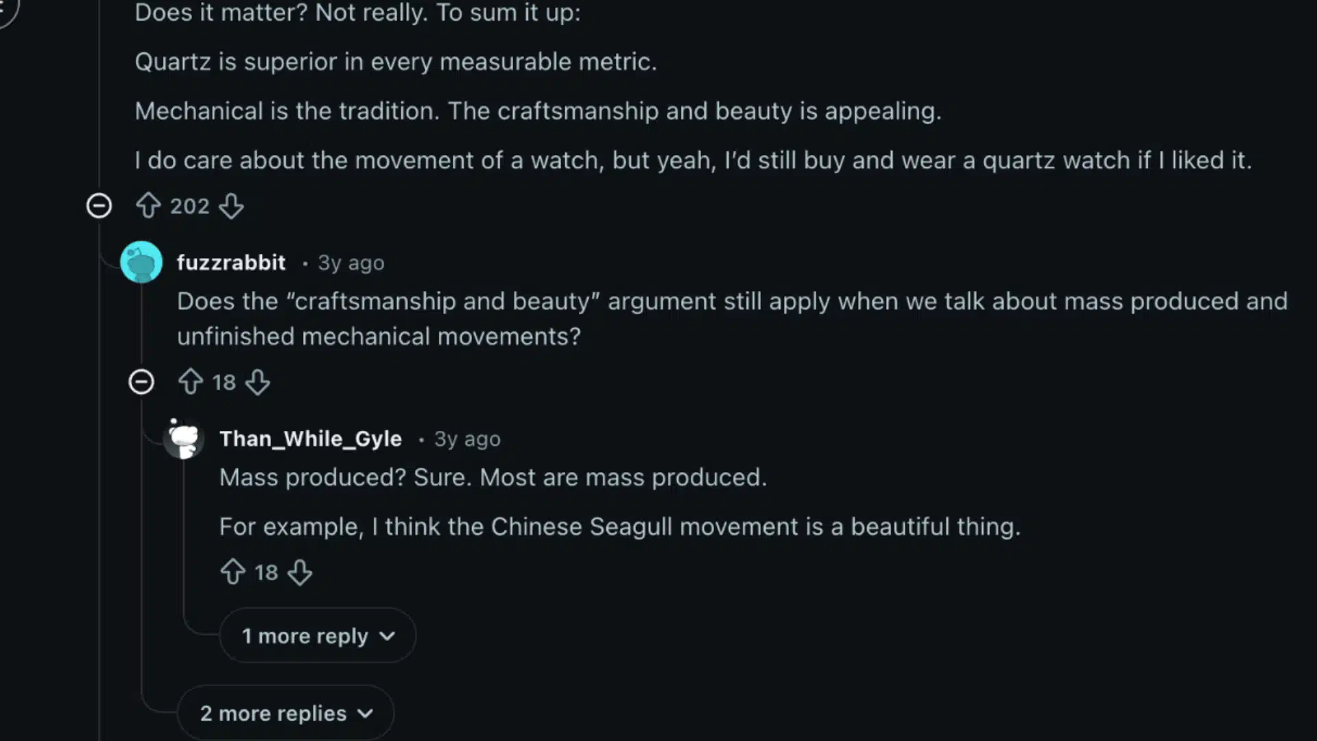 Screenshot of Reddit thread discussing quartz vs automatic watch movements and user opinions