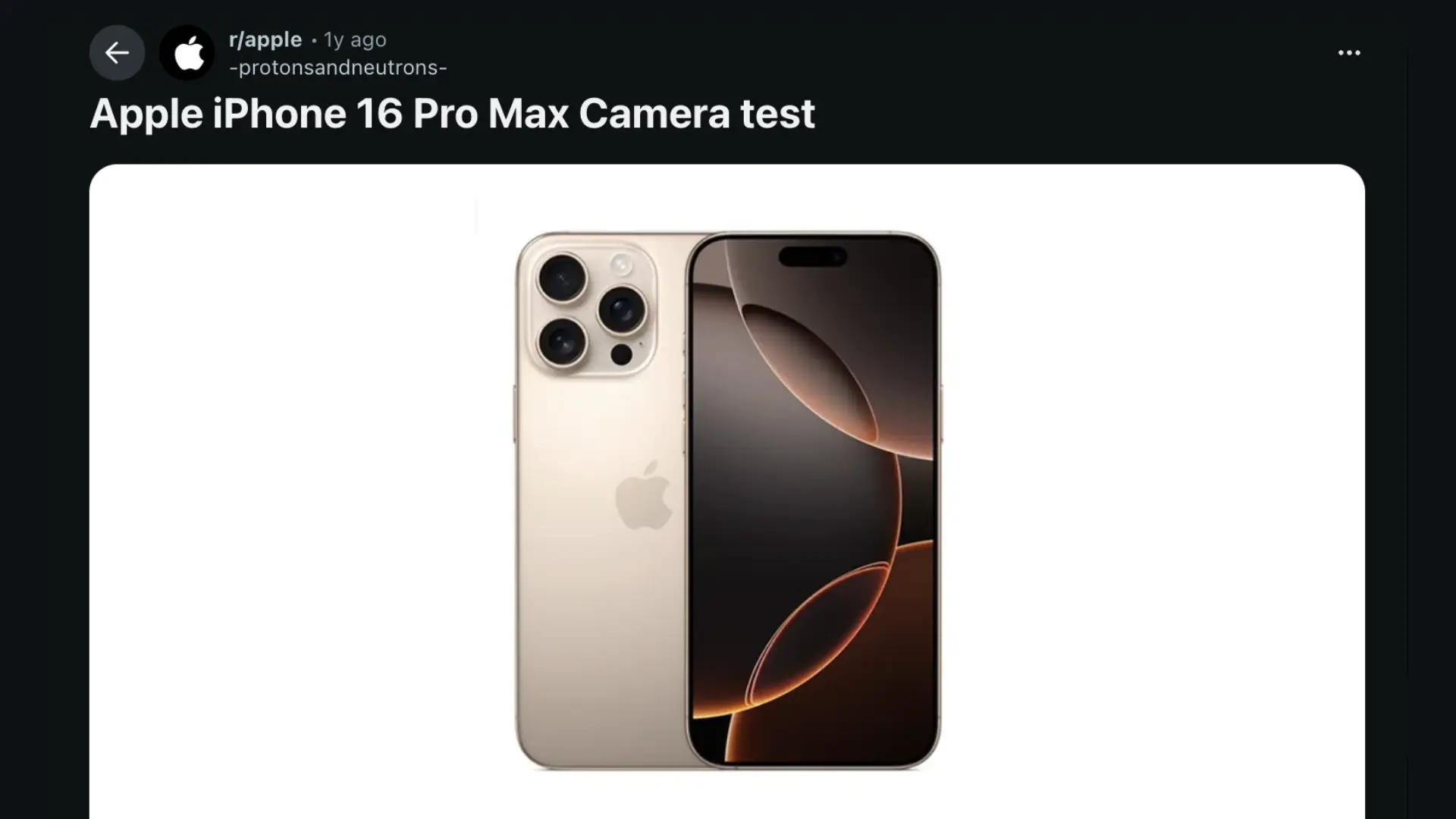 Screenshot of reddit discussion of Apple iPhone 16 Pro Max camera test post