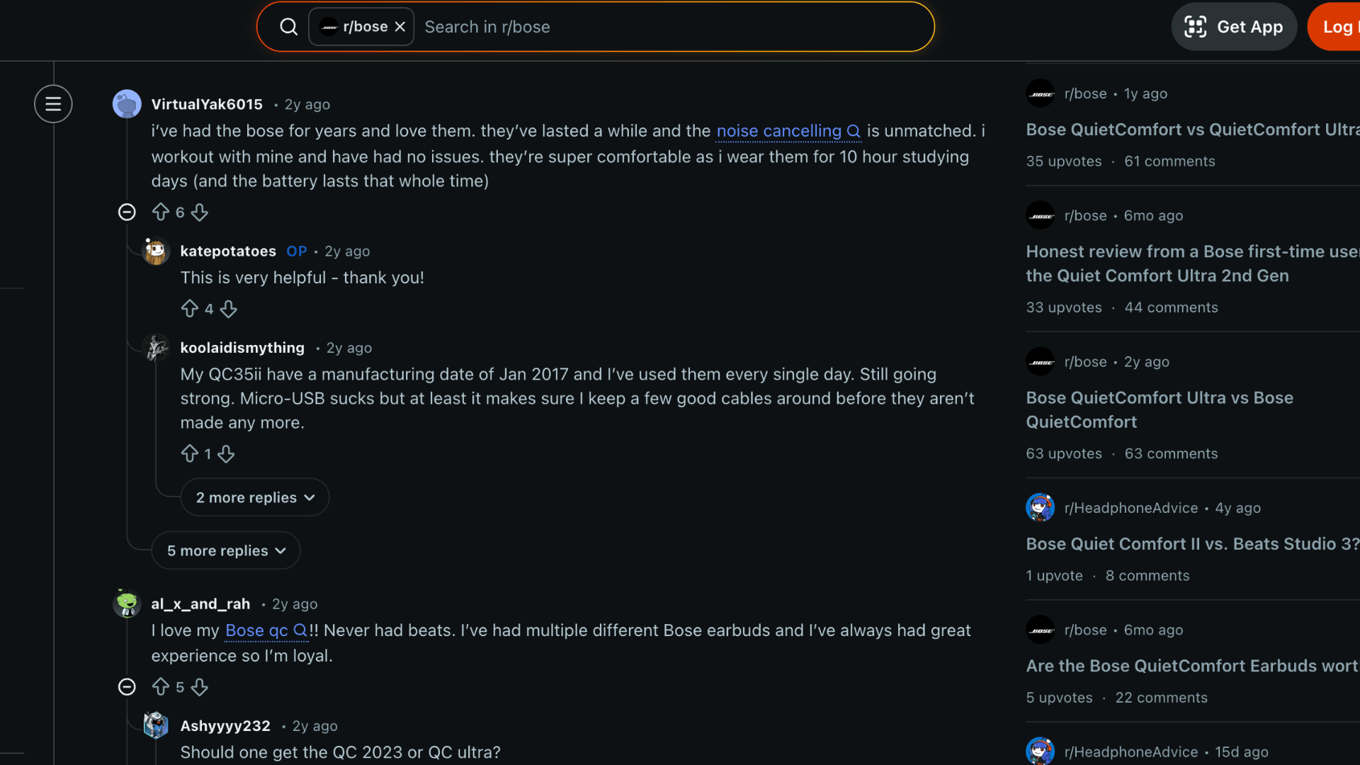 Screenshot of reddit discussion thread about bose quietcomfort vs beats studio pro showing user comments and recommendations