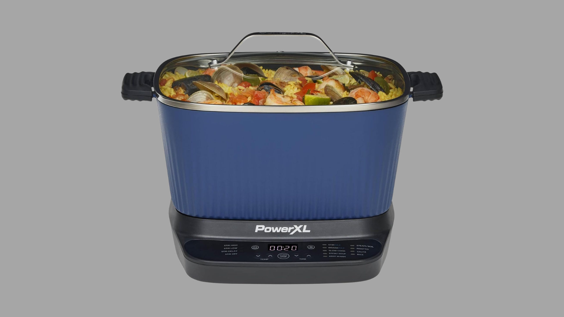 Self stirring multi cooker with digital controls and glass lid for soups stews rice and slow cooked meals