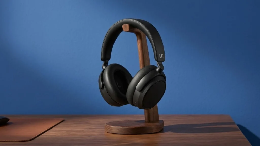 Sennheiser Accentum wireless headphones placed on a wooden stand on a desk with a blue background