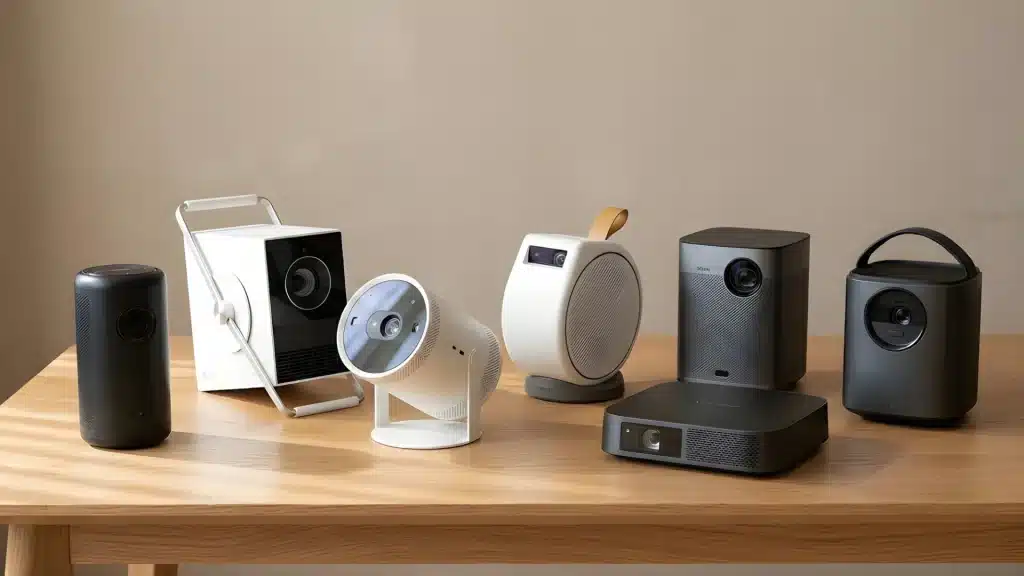 Seven portable projectors including Nebula, LG, Samsung, BenQ, and ViewSonic models arranged on a wooden table with beige wall background