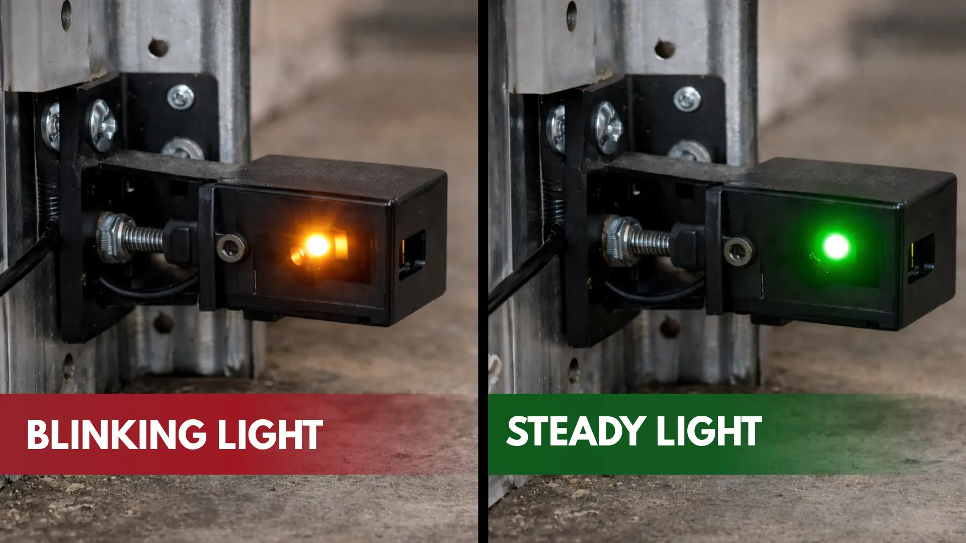 Side by side comparison of garage door safety sensor showing blinking amber light and steady green light indicator