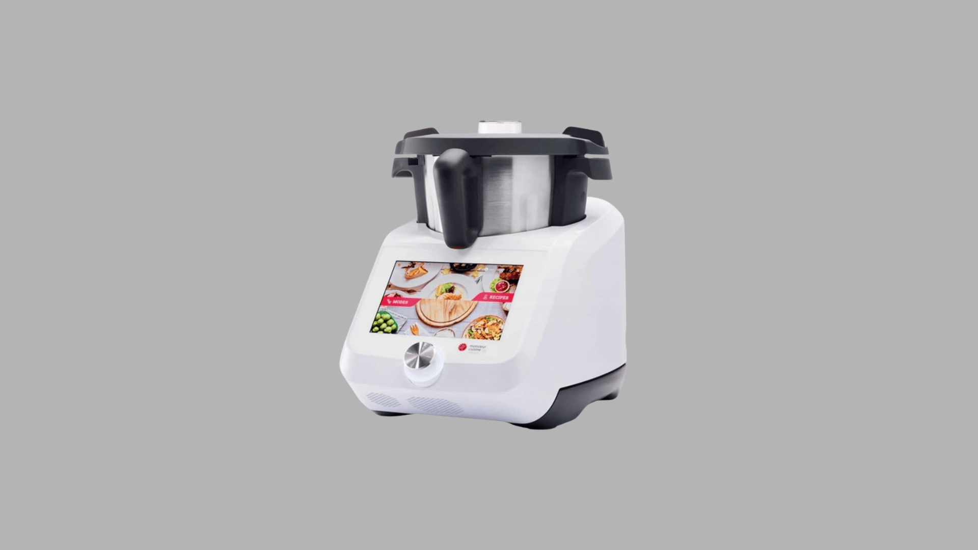 Smart kitchen robot with touchscreen display and stainless steel mixing bowl for automated cooking, chopping, and guided recipe preparation