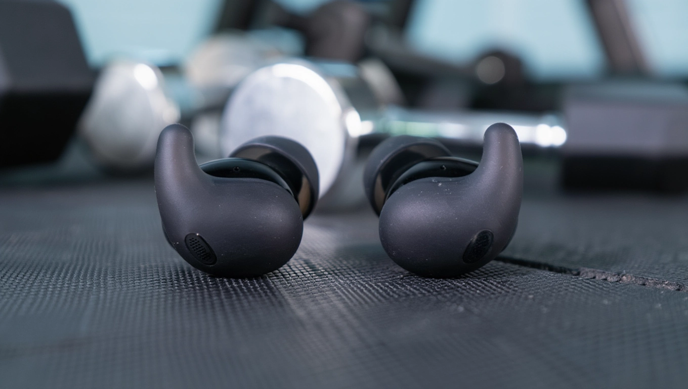 Sony LinkBuds Fit black wireless earbuds on gym mat with dumbbell in background