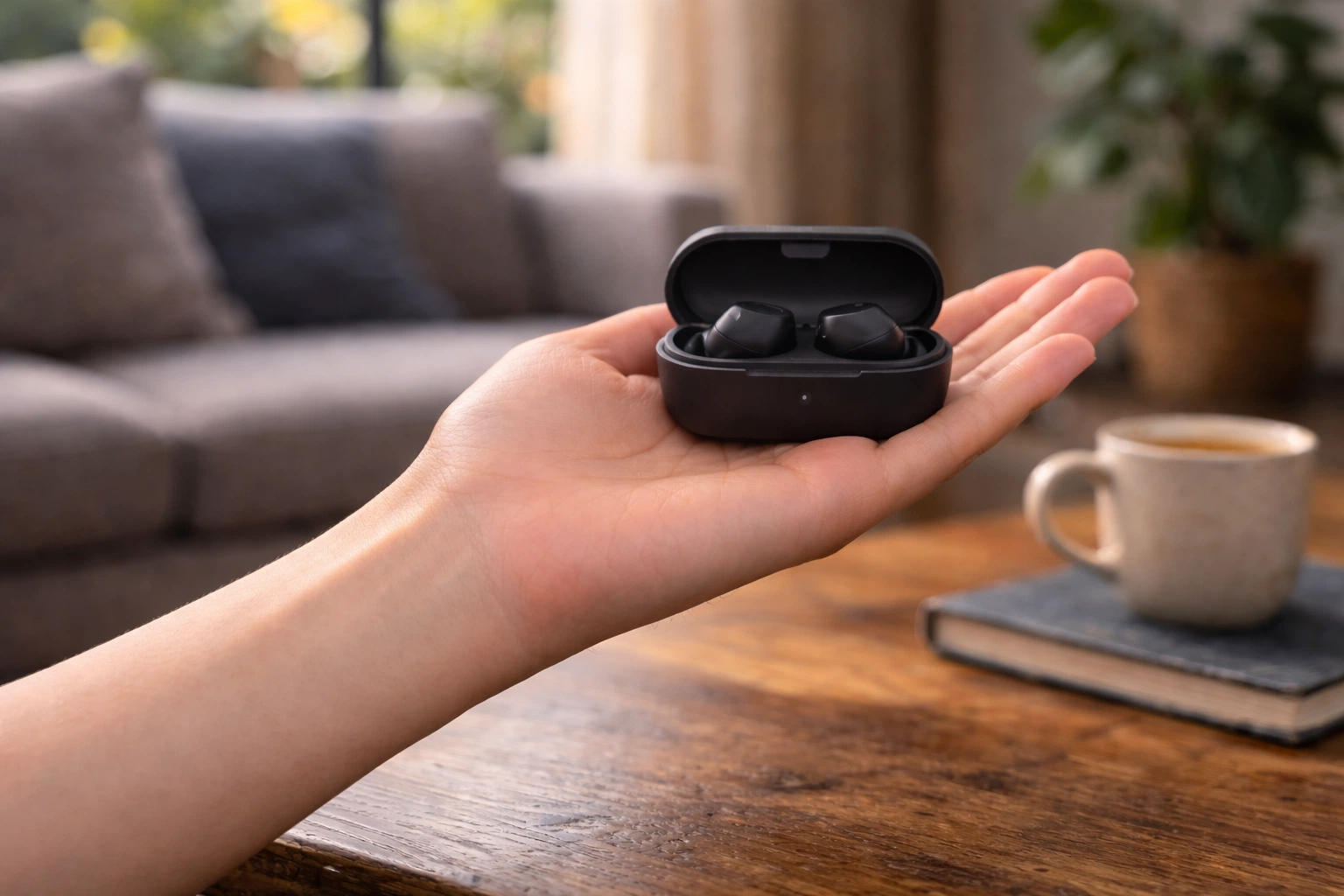 Sony WF-C710N true wireless earbuds in black charging case held on open palm indoors