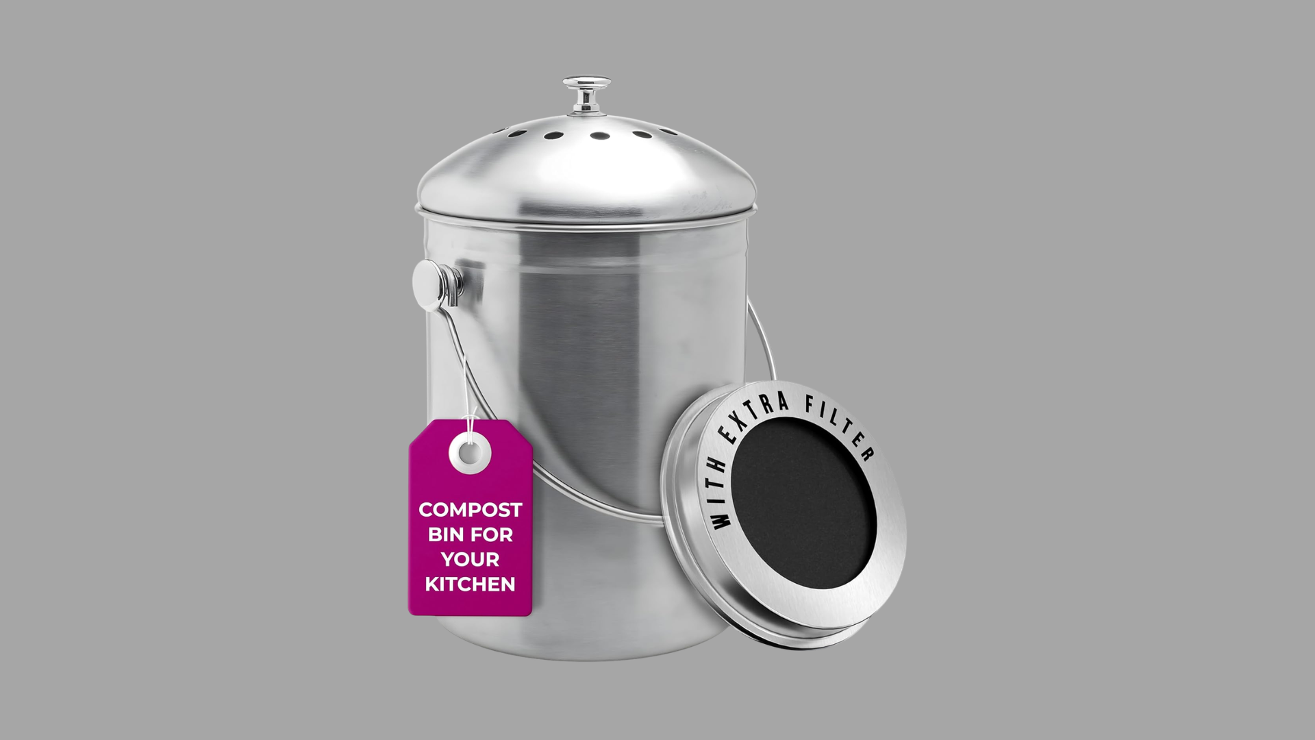 Stainless steel kitchen compost bin with lid and charcoal filter for odor control and food scrap storage