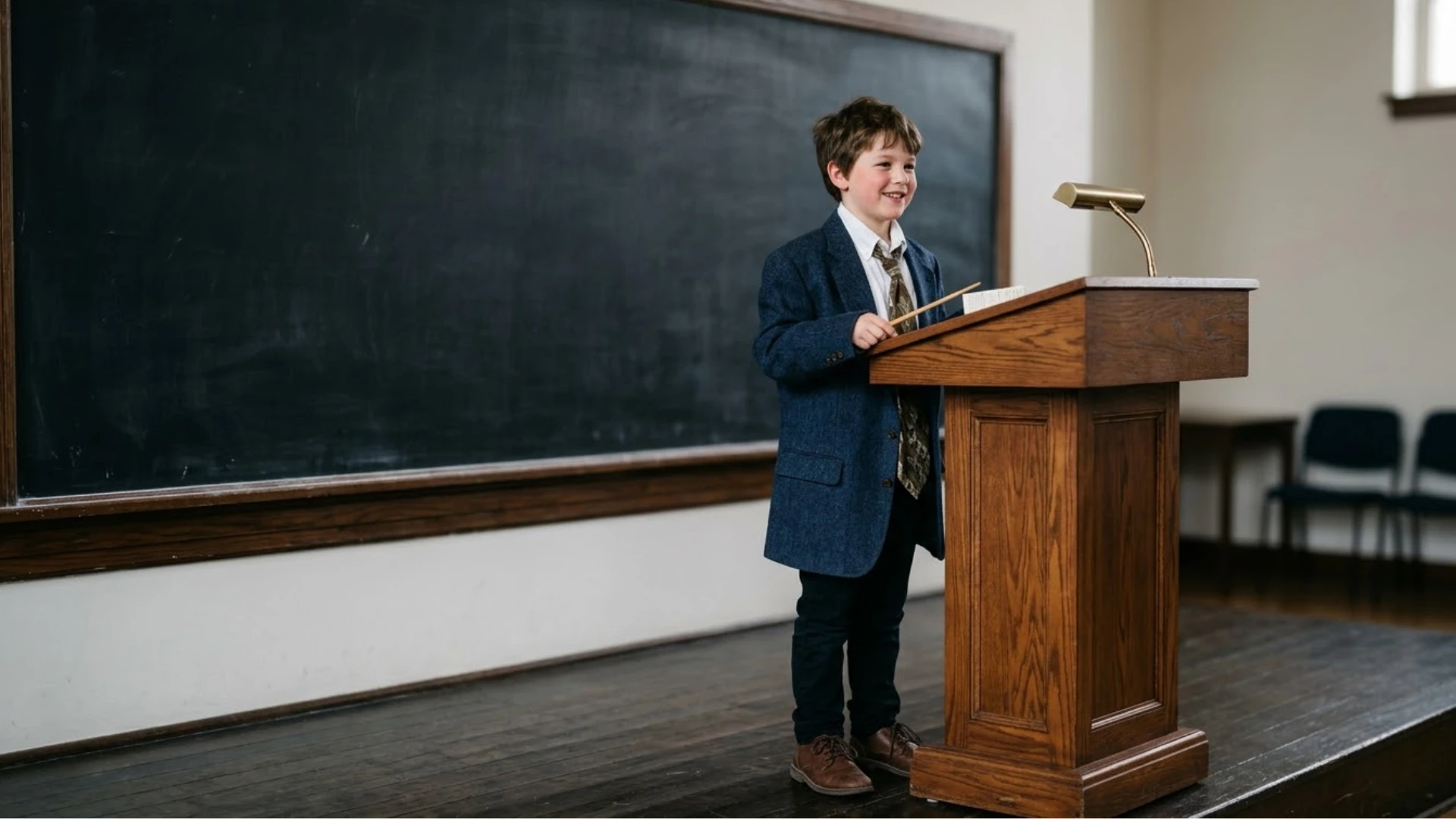 Student dressed as a teacher stands at classroom podium presenting a lesson during school spirit week