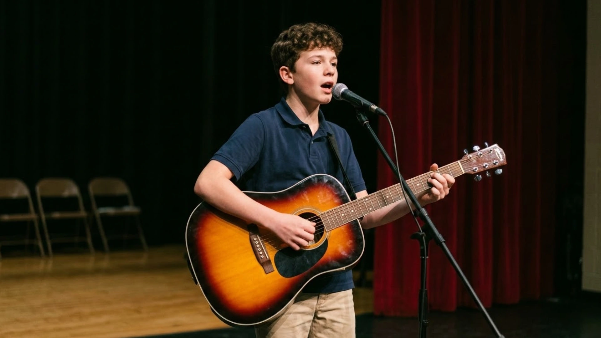 Student singing and playing acoustic guitar into microphone during school stage performance with red curtain backdrop