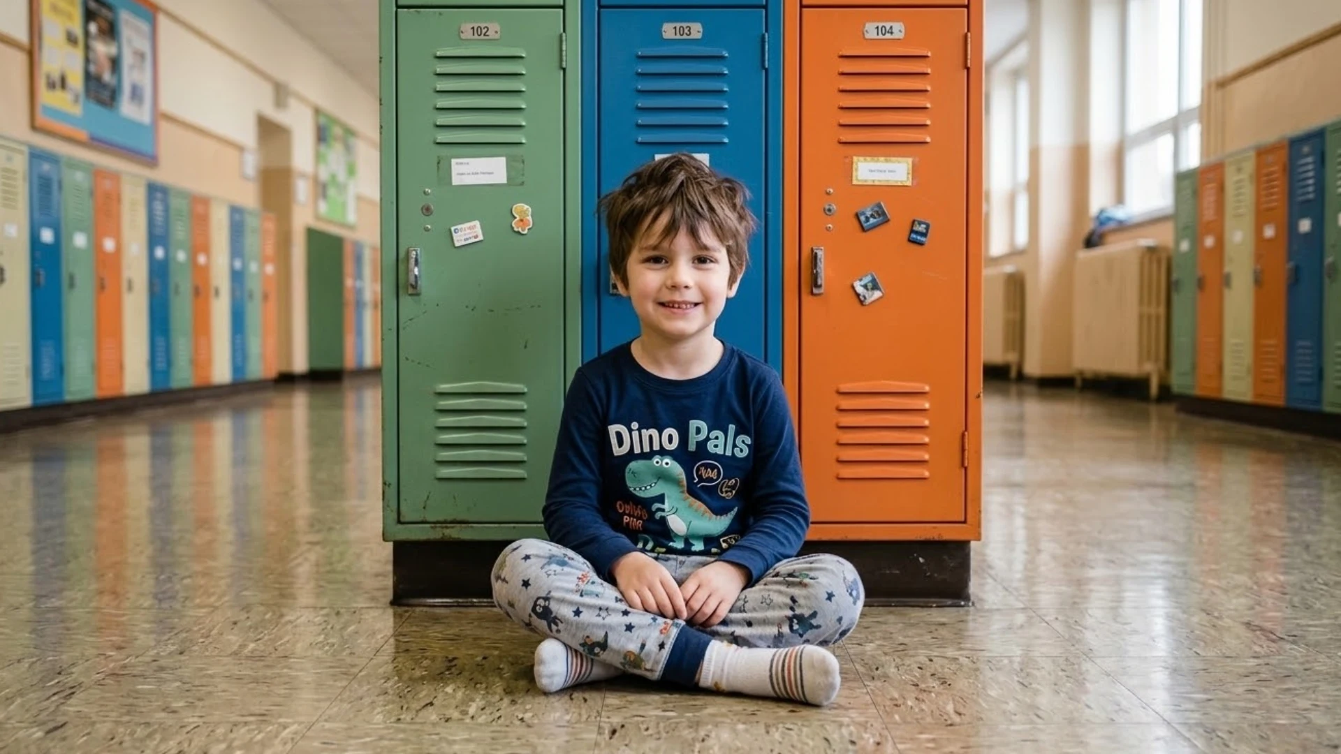 Student sitting in school hallway wearing pajamas during pajama day celebration for school spirit week event