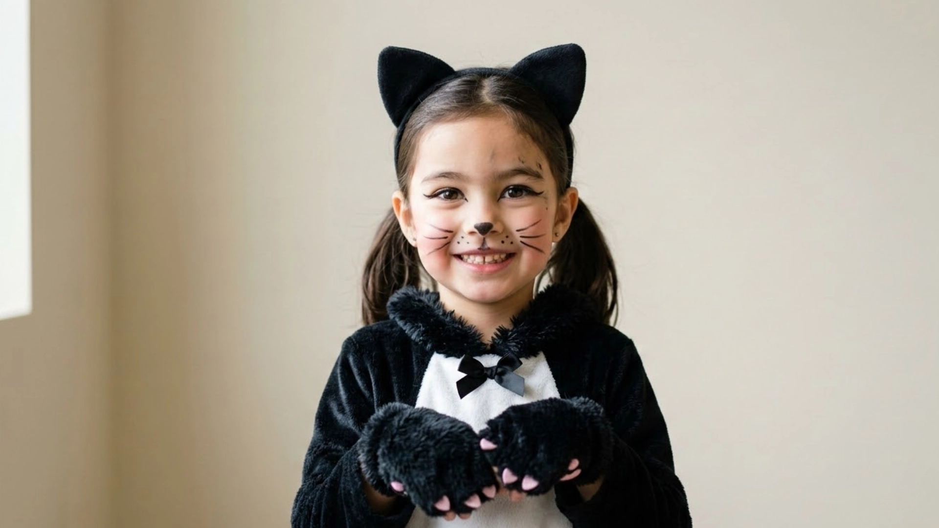 Student wearing black cat costume with face paint and ears during animal theme spirit week day at school event