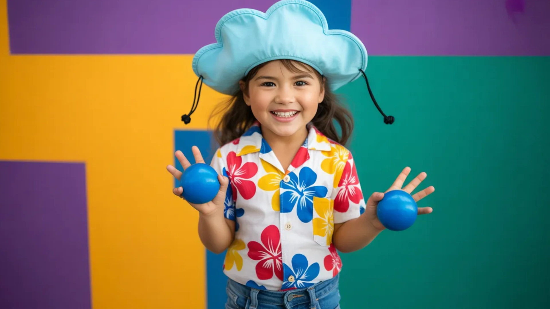 Student wearing playful weather themed outfit with colorful background during crazy weather theme spirit week day
