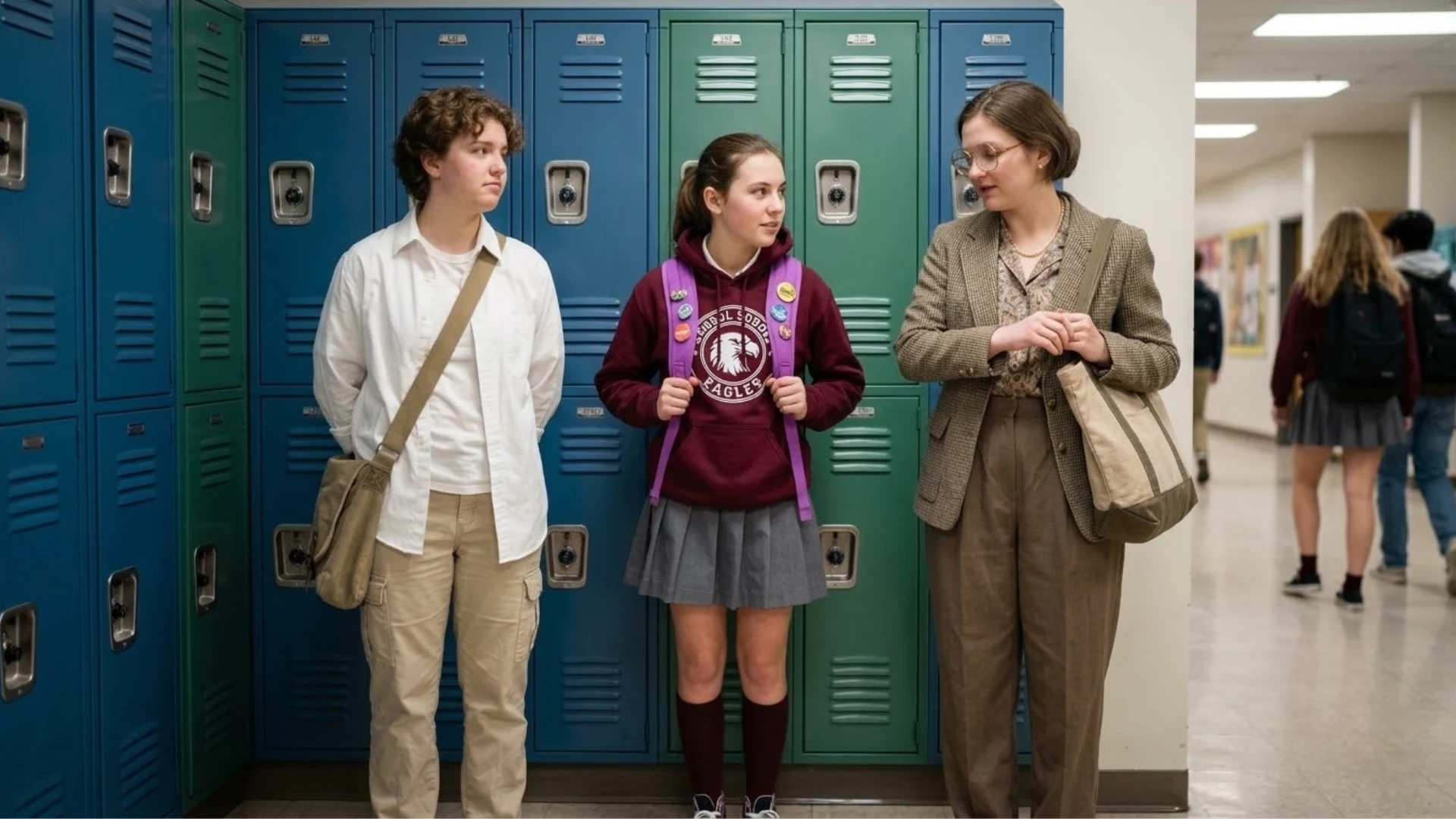 Students standing near school lockers dressed in teacher and student style outfits during middle day spirit week