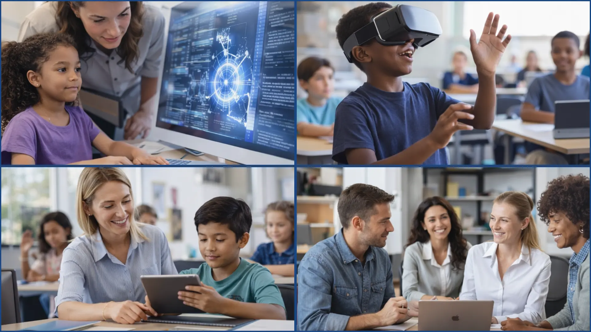 Students using VR headset computers and tablets with teachers in modern classroom showing future of classroom technology