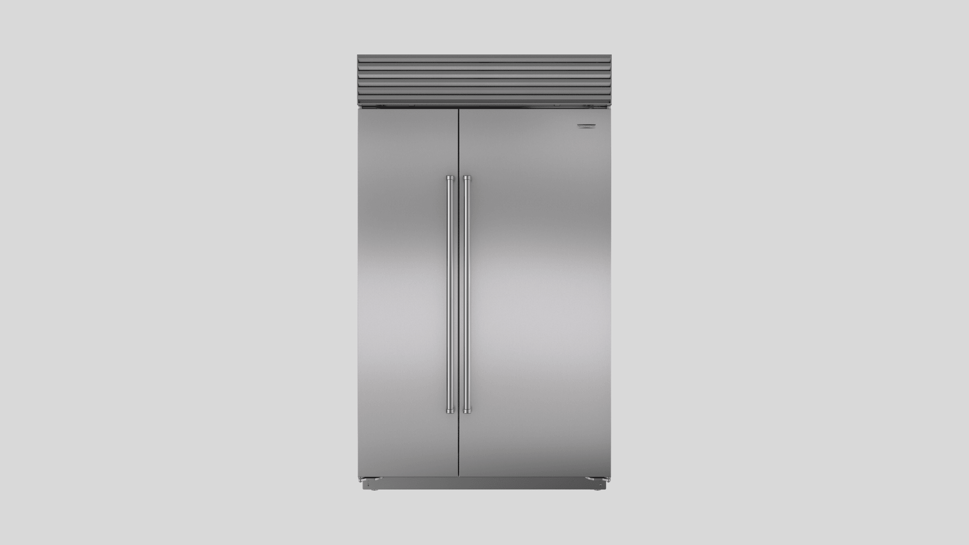 Sub Zero built in stainless steel refrigerator with dual doors, professional handle design, and integrated top grille panel