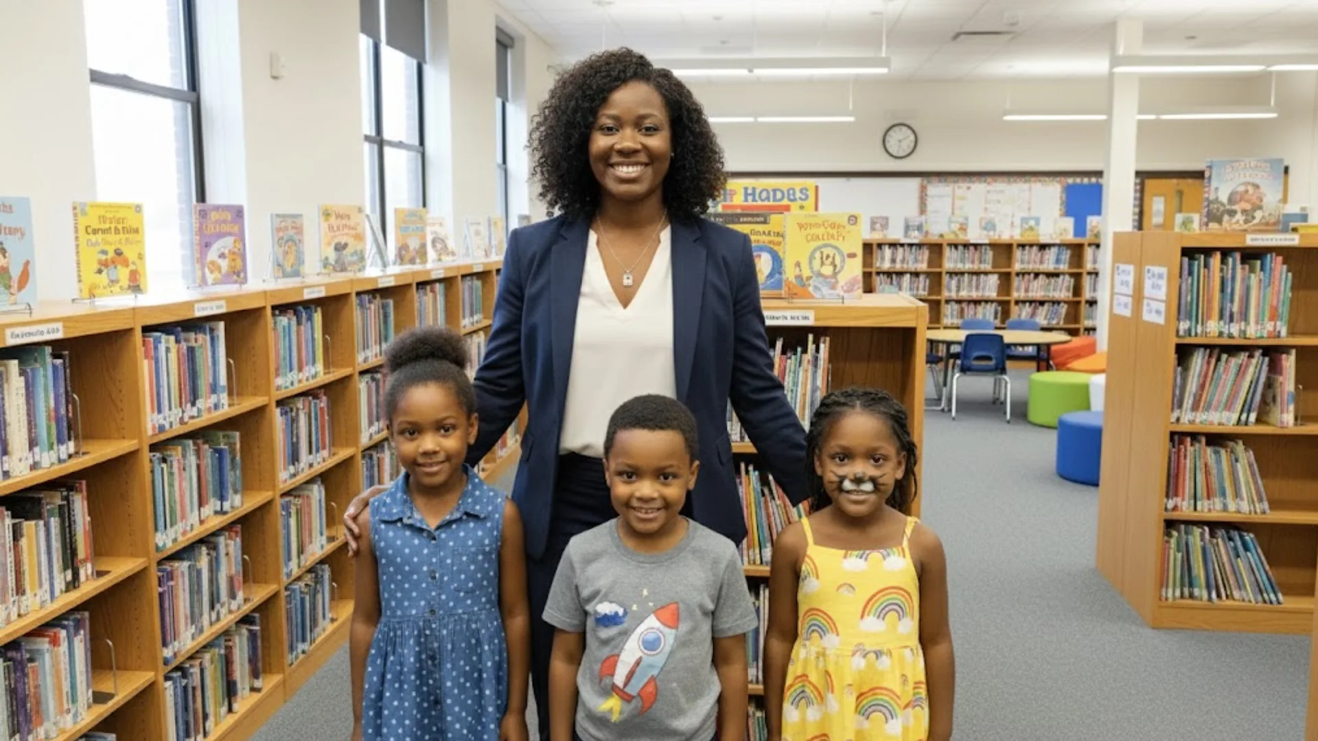 Teacher standing with three smiling children in school library surrounded by bookshelves and reading area