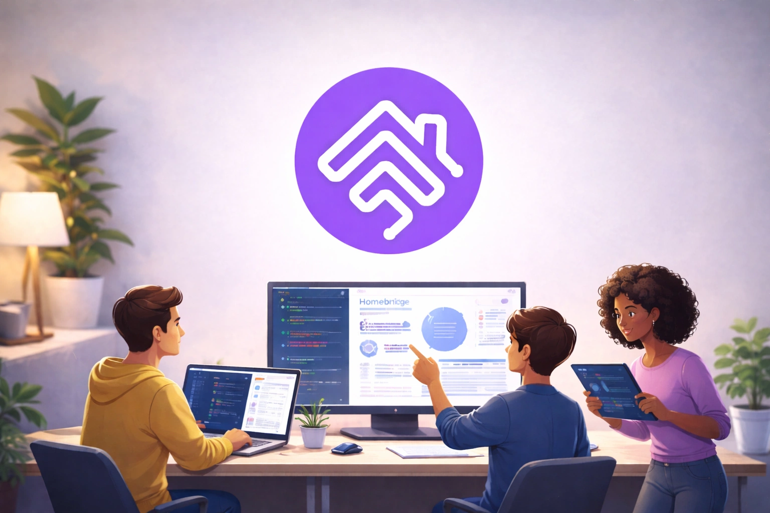 Team configuring Homebridge on desktop and laptop to enable Apple HomeKit smart home integration and automation