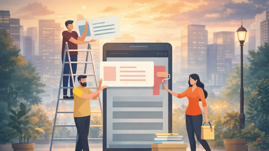 Team collaborating on large smartphone UI design with city skyline background at sunset