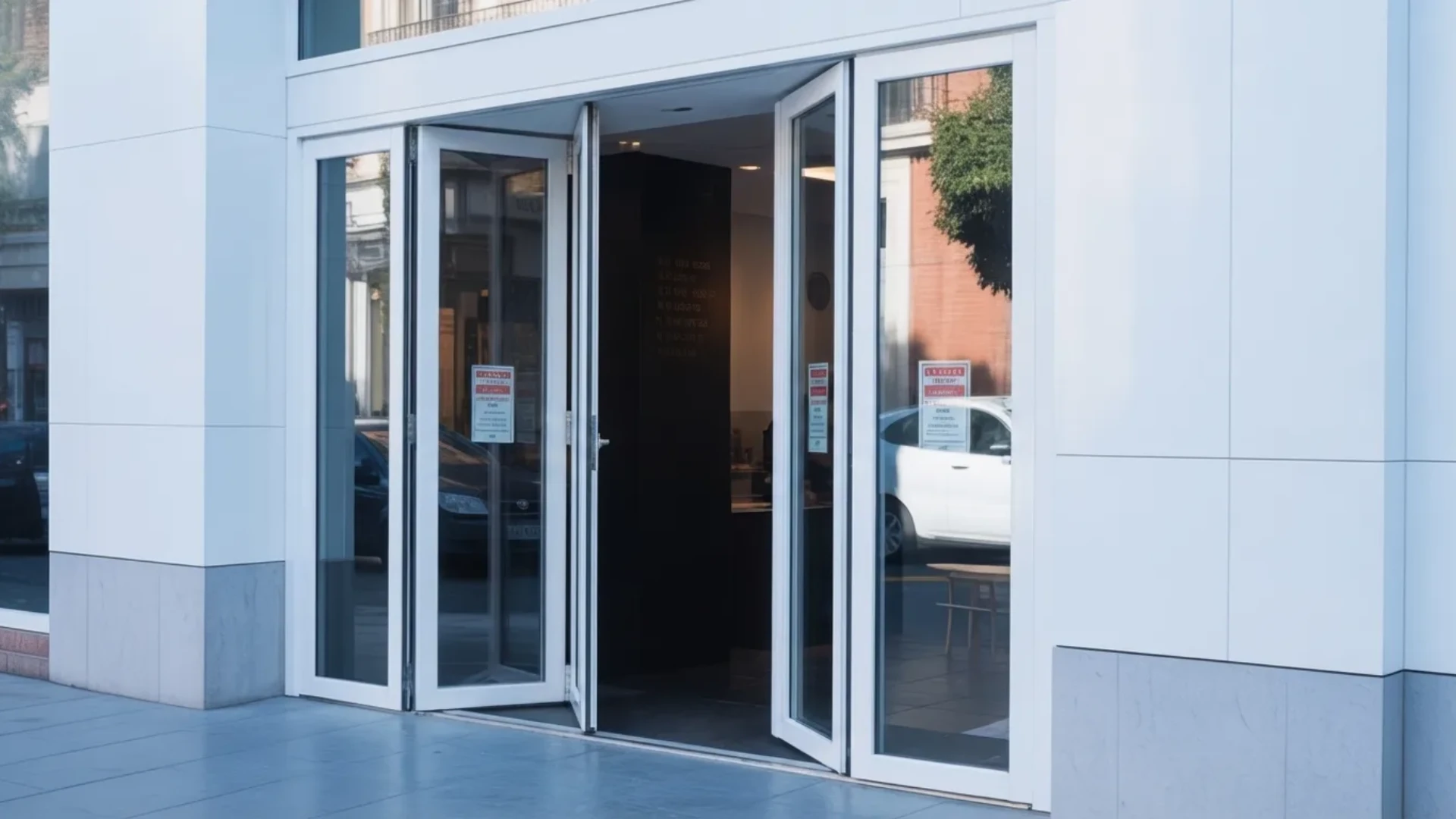 Telescoping and folding automatic glass doors at commercial building entrance with panels opening to interior lobby area