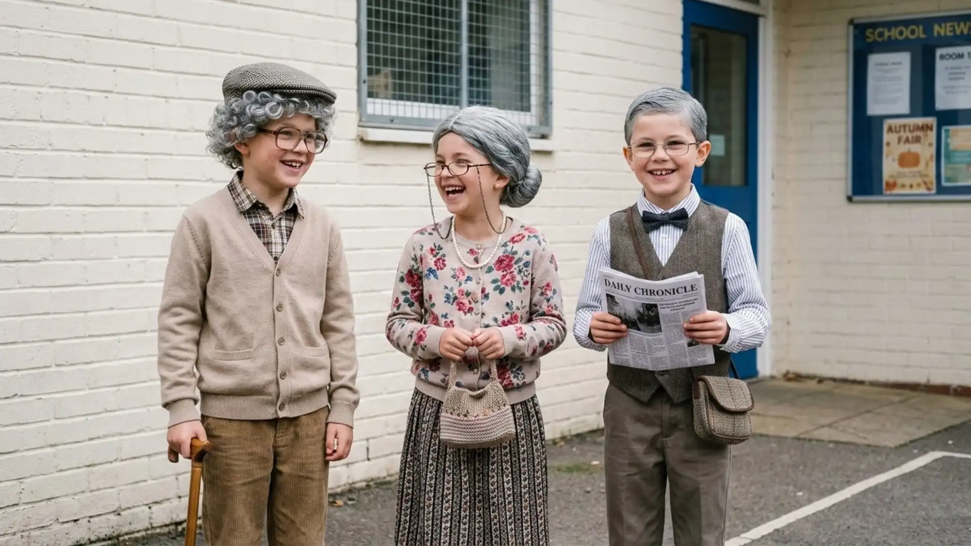 Three students dressed as elderly people with gray wigs, glasses, and vintage outfits during school 100 day spirit week theme
