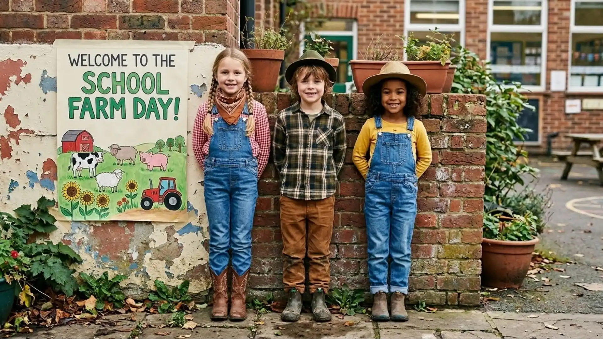 Three students dressed in farm themed outfits stand by school farm day sign during spirit week celebration at school
