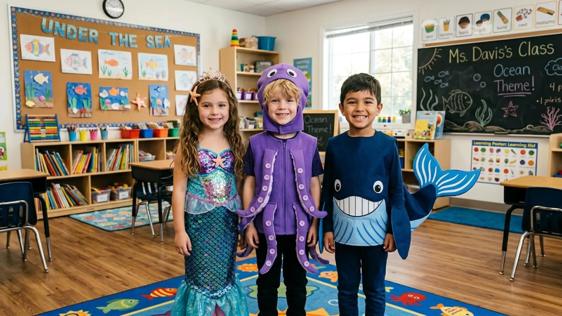 Three students in ocean themed costumes mermaid octopus and whale stand in classroom during school spirit week