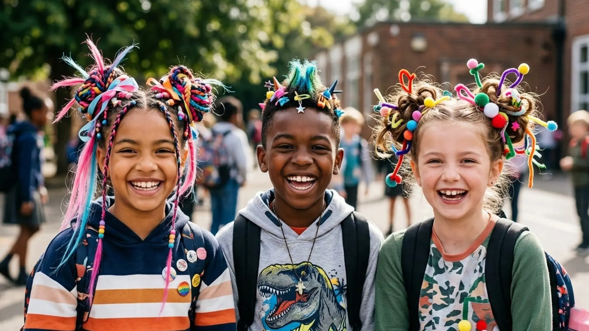 Three students smiling with colorful and creative hairstyles during wacky hair day celebration at school spirit week