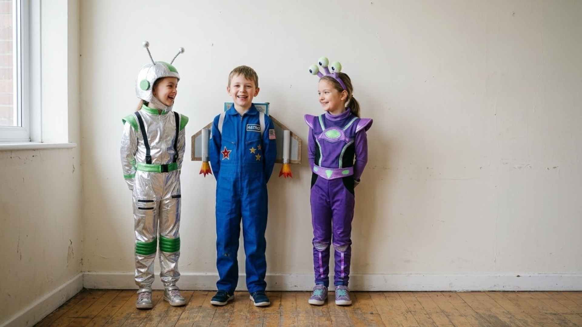 Three students wearing astronaut and alien costumes posing indoors during out of this world themed spirit week day at school