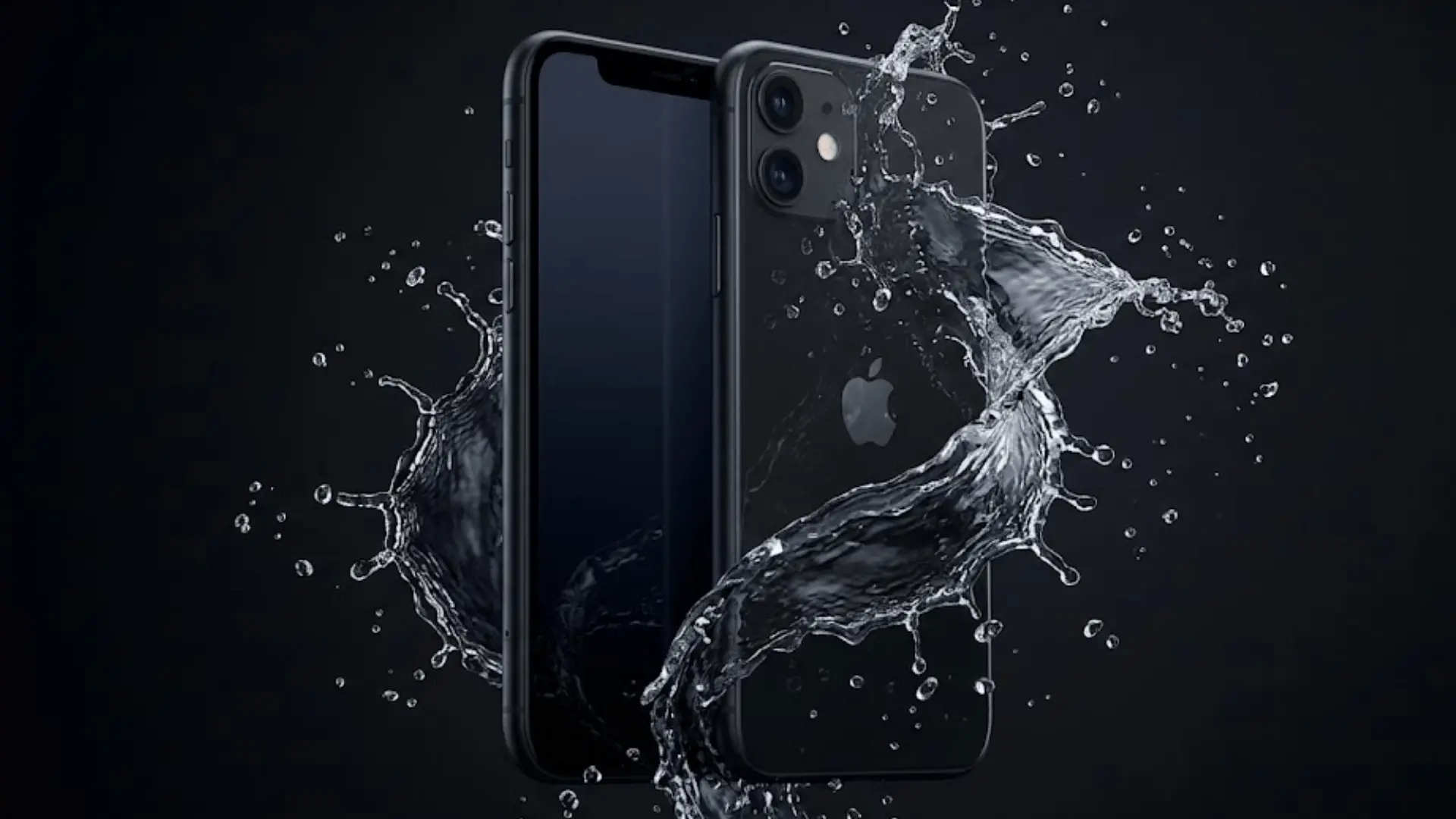Two black iPhone 11 phones shown against a solid black background with a dynamic, swirling water splash