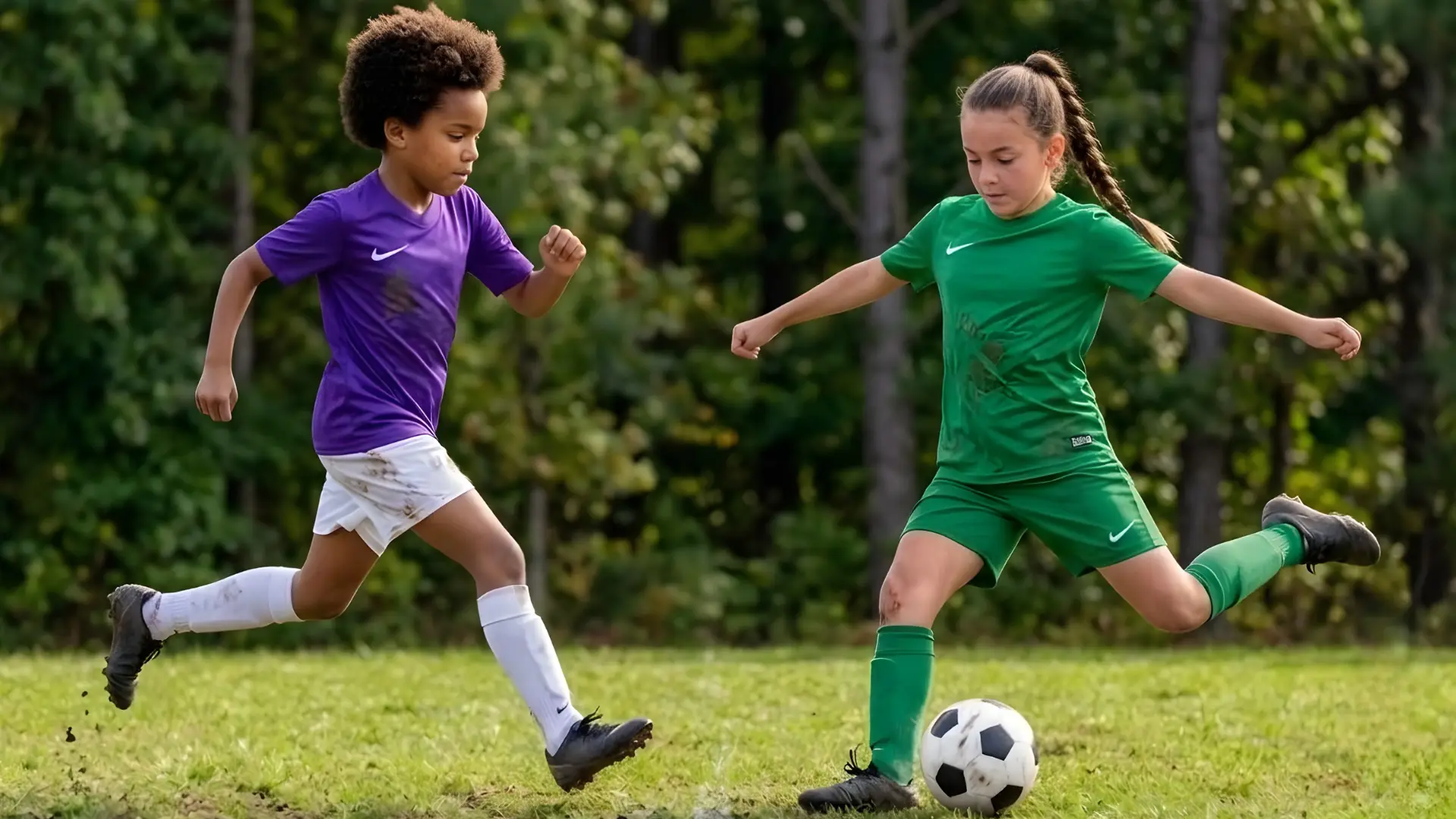 Two children in purple and green soccer uniforms compete for the ball on a grassy field during field days