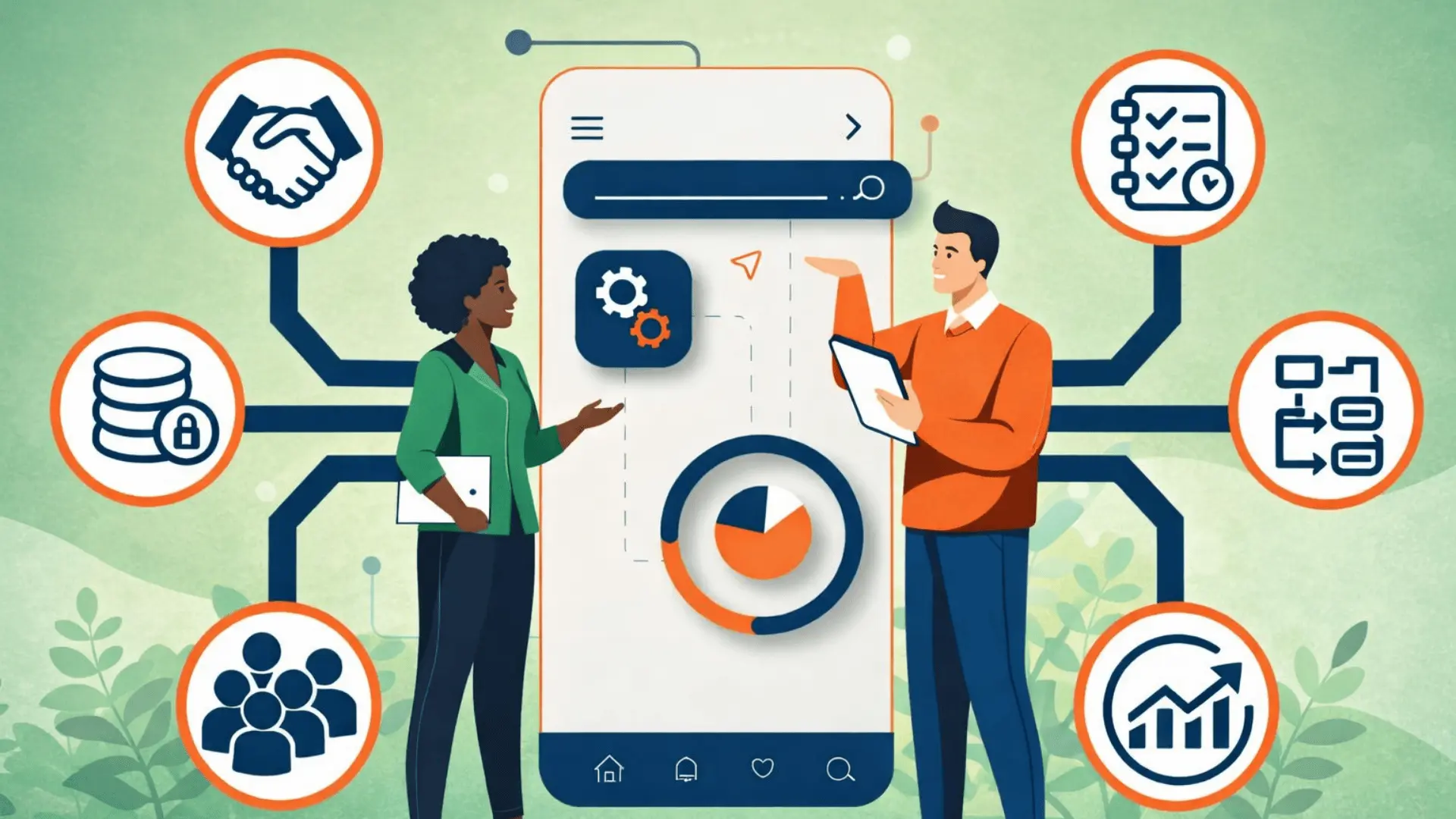Two professionals discussing enterprise mobile app interface with connected business workflow icons