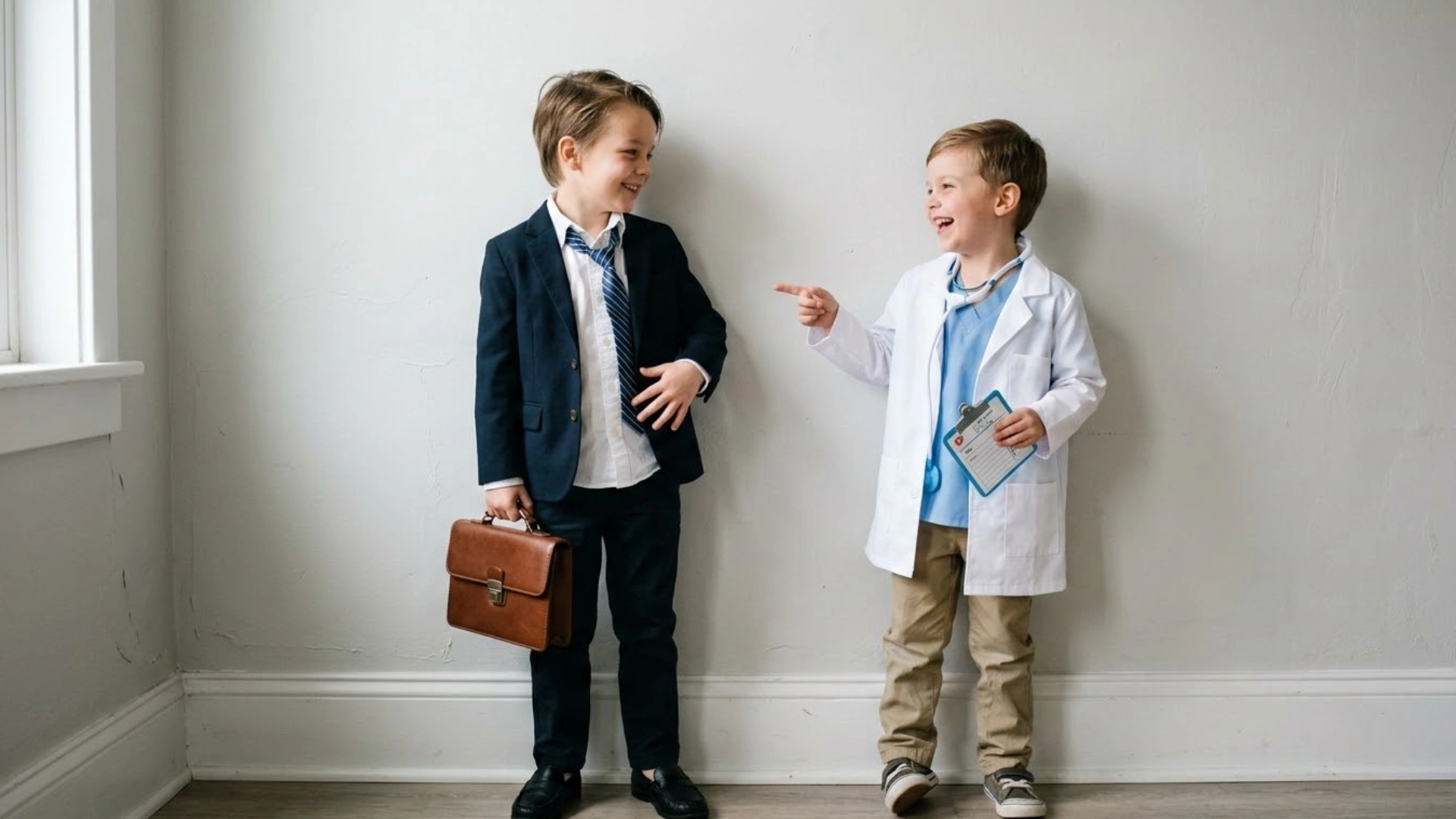 Two students dressed as a doctor and business professional during career day theme at school spirit week event