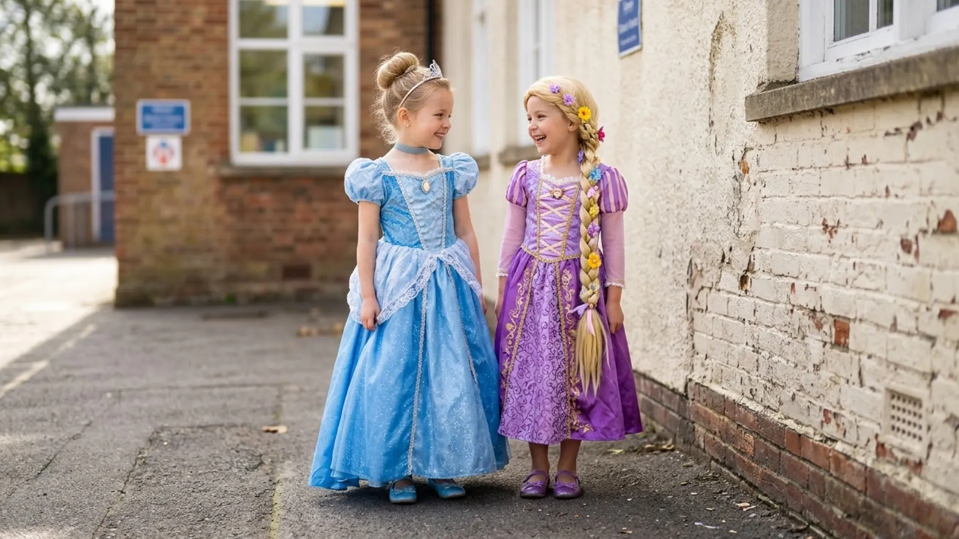 Two students dressed as princess characters walk outside school smiling together during spirit week celebration