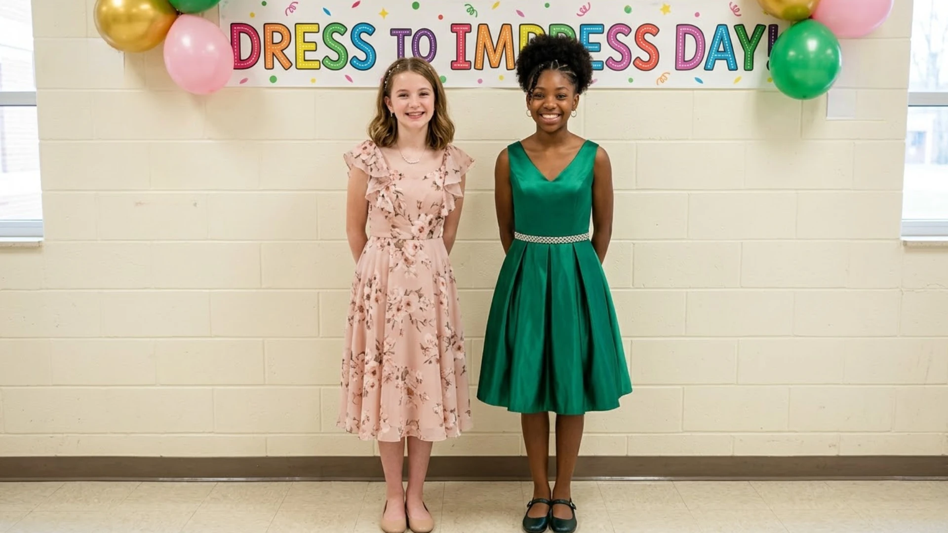 Two students dressed in outfits stand under a Dress to Impress Day banner during school spirit week celebration