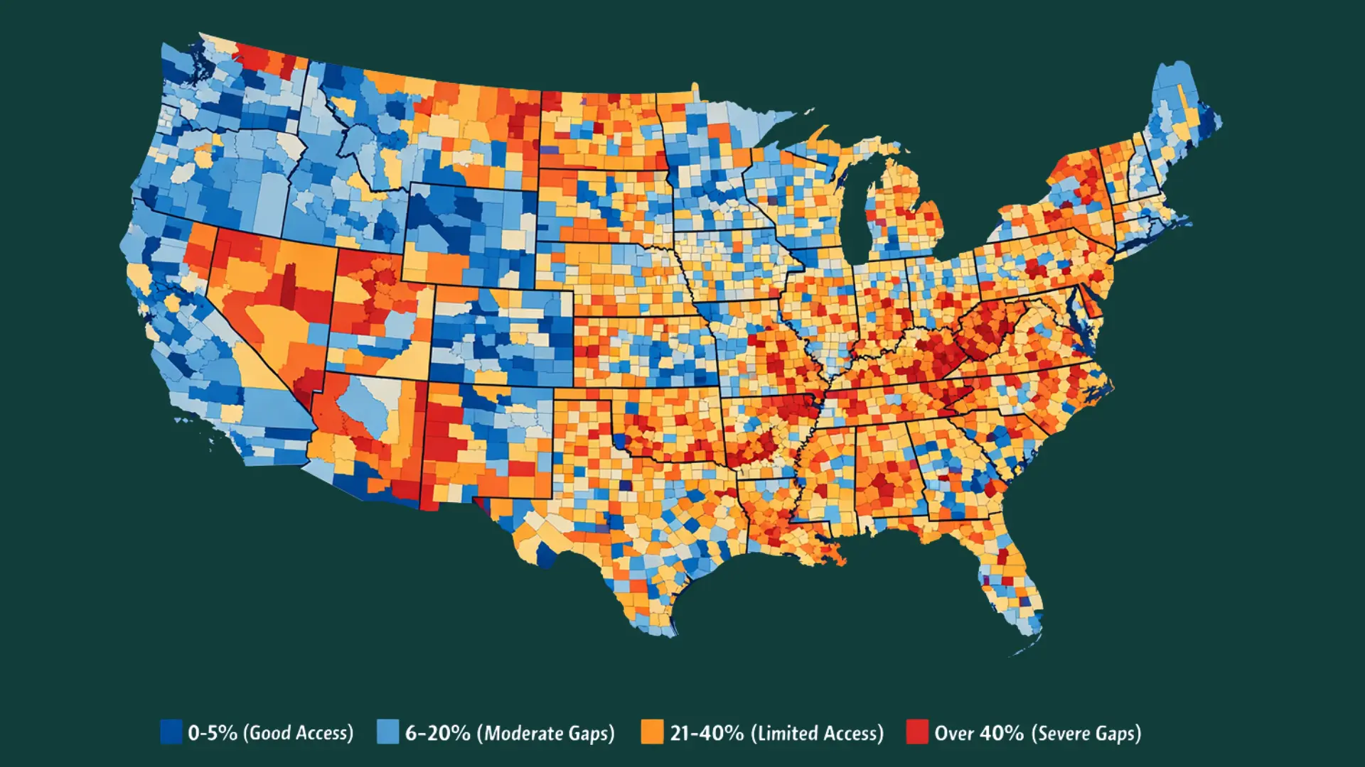 US county map showing broadband access gaps by percentage based on FCC digital divide data in the USA