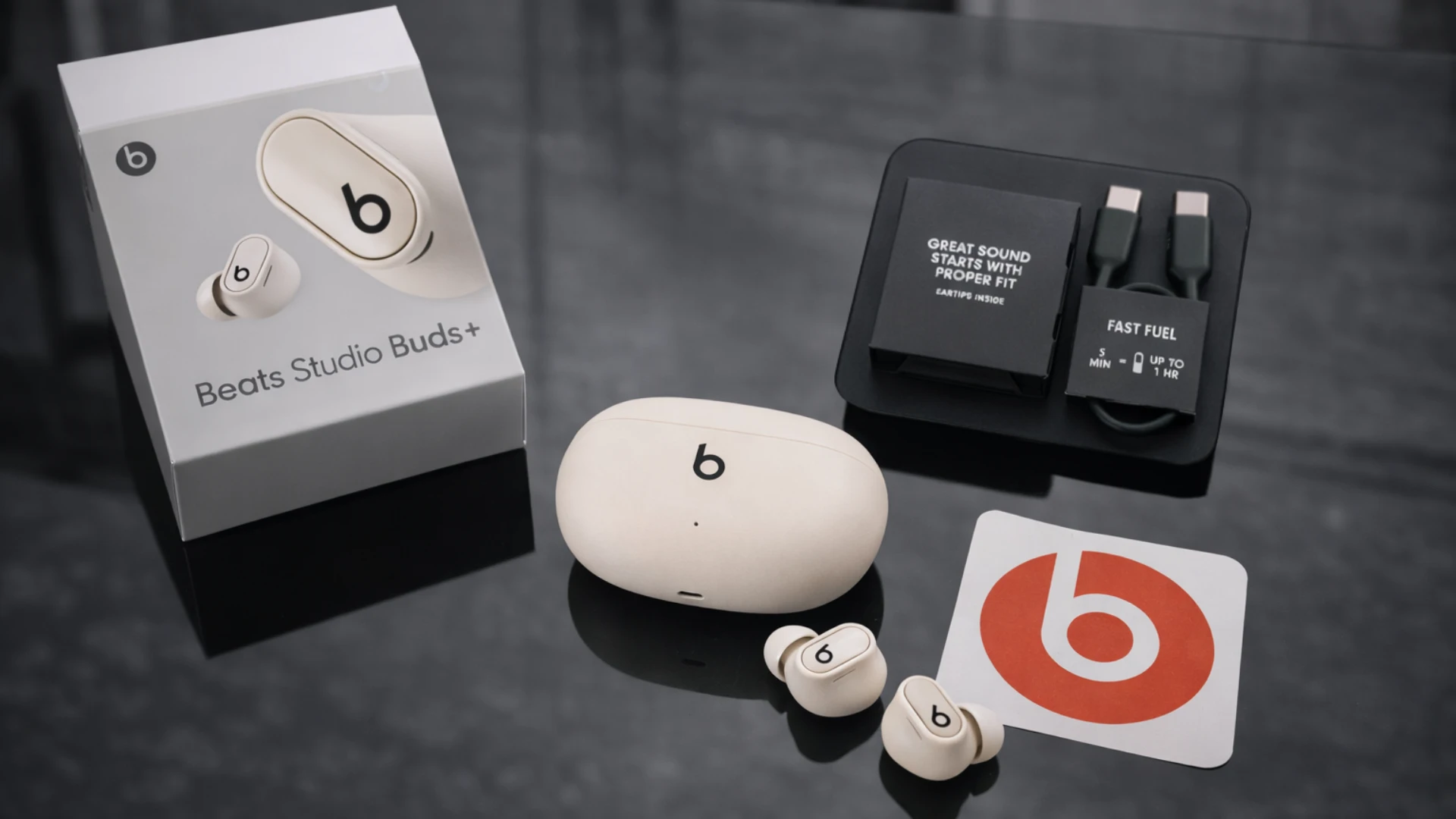 Unboxing the Beats Studio Buds+ in ivory color with earbuds, charging case , USB C charger, additional eartips and beats sticker